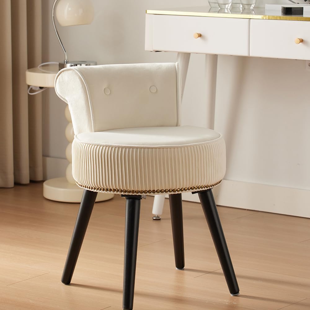 White Velvet Vanity Stool with Back - Vanity Chair with Low Back Tufted Accent Stool Makeup Chair for Bedroom Bathroom and Living Room