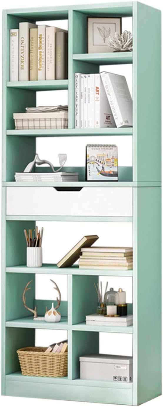 IOTXY Wooden Open Shelf Bookcase - 71 Inches Tall Freestanding Display Storage Cabinet Organizer with 10 Cubes and a Drawer, Floor Standing Bookshelf in Warm White