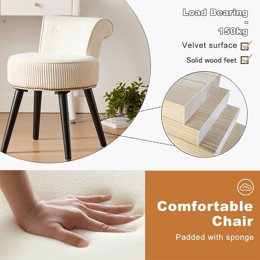 White Velvet Vanity Stool with Back - Vanity Chair with Low Back Tufted Accent Stool Makeup Chair for Bedroom Bathroom and Living Room