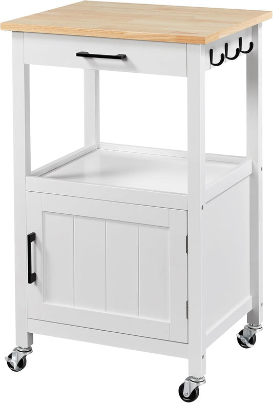 Yaheetech Rolling Kitchen Island with Single Door Cabinet, Kitchen Cart with Drawer on Swivel Wheels, Small Coffee Cart Microwave Stand with 3 Side Hooks for Dining Room, White