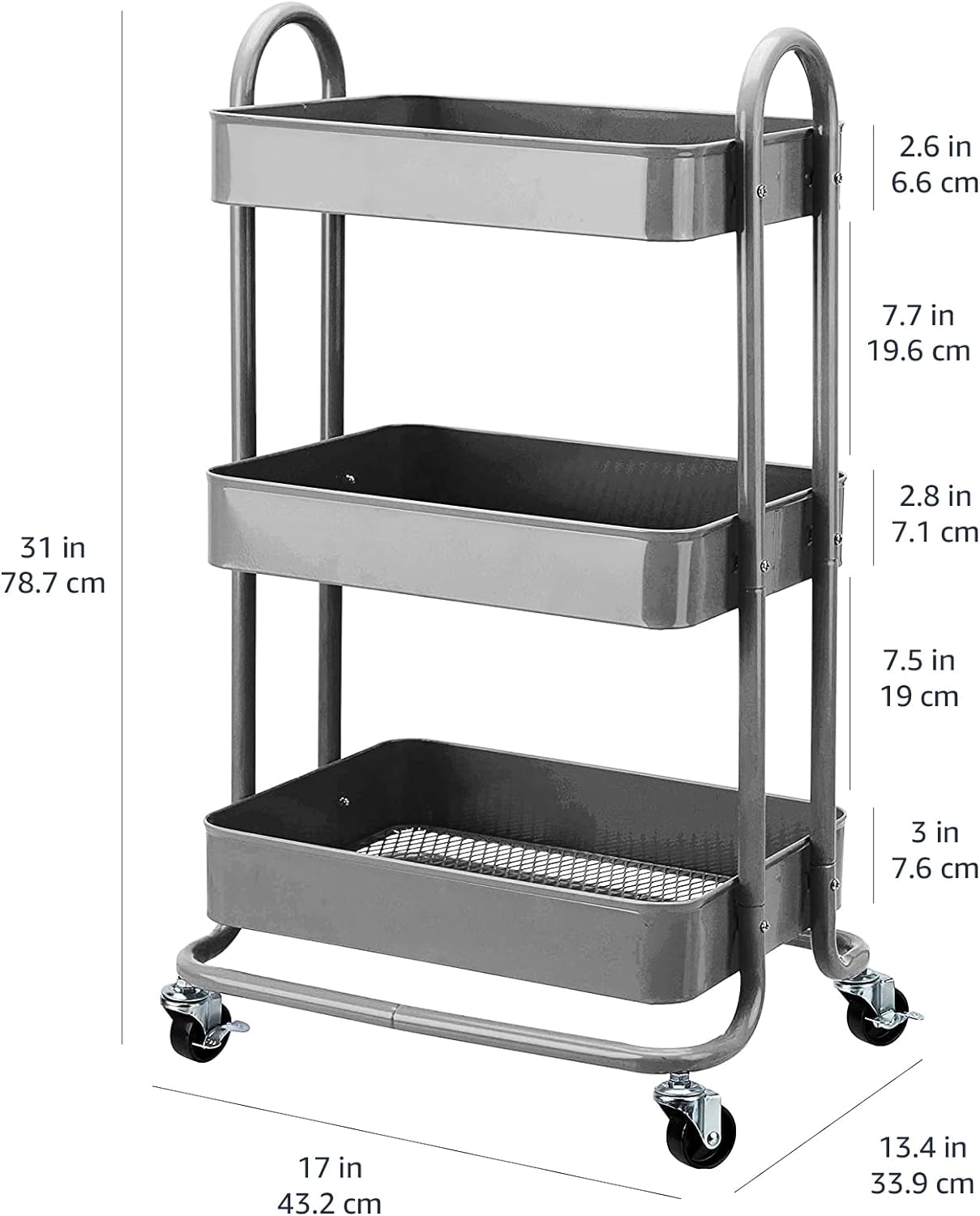 Amazon Basics 3-Tier Rolling Utility or Kitchen Cart, Lockable Wheels, Multifunctional Storage, Charcoal
