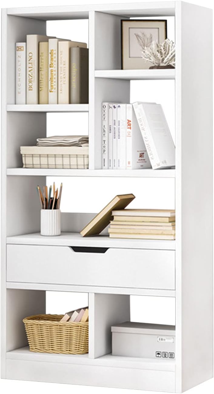 IOTXY Wooden Open Shelf Bookcase - 71 Inches Tall Freestanding Display Storage Cabinet Organizer with 10 Cubes and a Drawer, Floor Standing Bookshelf in Warm White