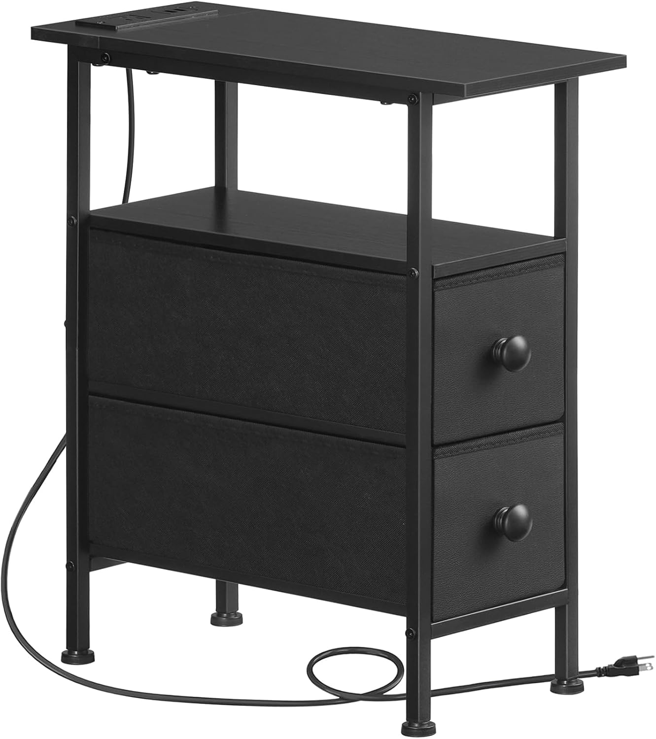HOOBRO End Table with Charging Station, Narrow Side Table, Nightstand with 2 Non-Woven Drawers, Slim Sofa Side Table, for Small Spaces, Living Room, Bedroom, Rustic Brown and Black BF486UBZ01