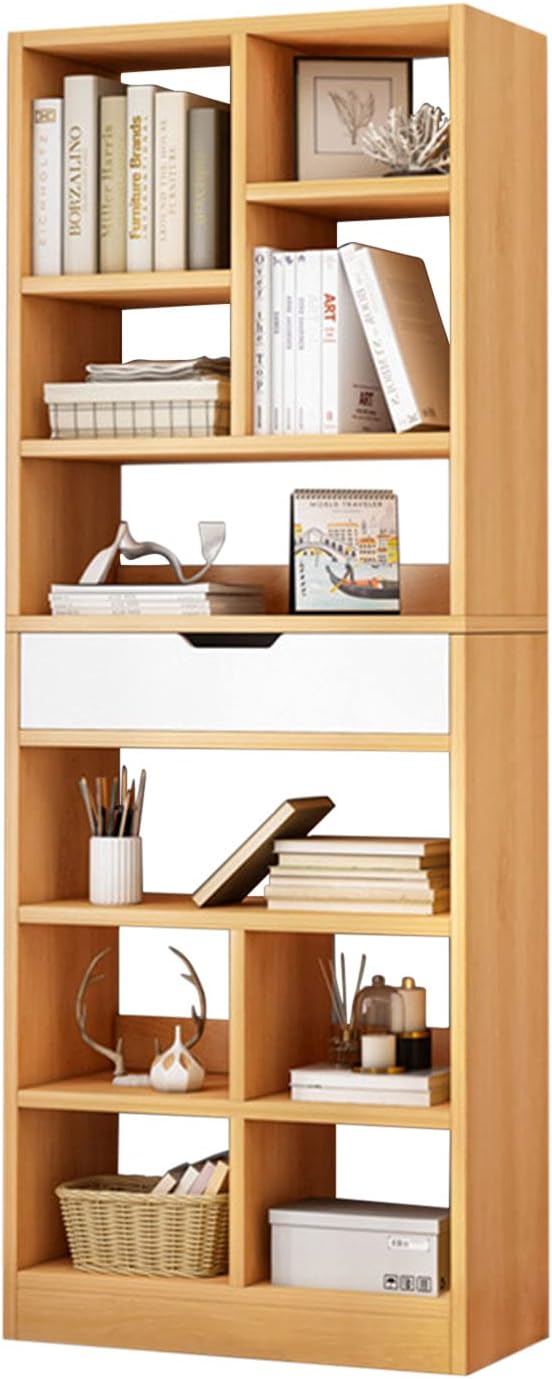 IOTXY Wooden Open Shelf Bookcase - 71 Inches Tall Freestanding Display Storage Cabinet Organizer with 10 Cubes and a Drawer, Floor Standing Bookshelf in Warm White