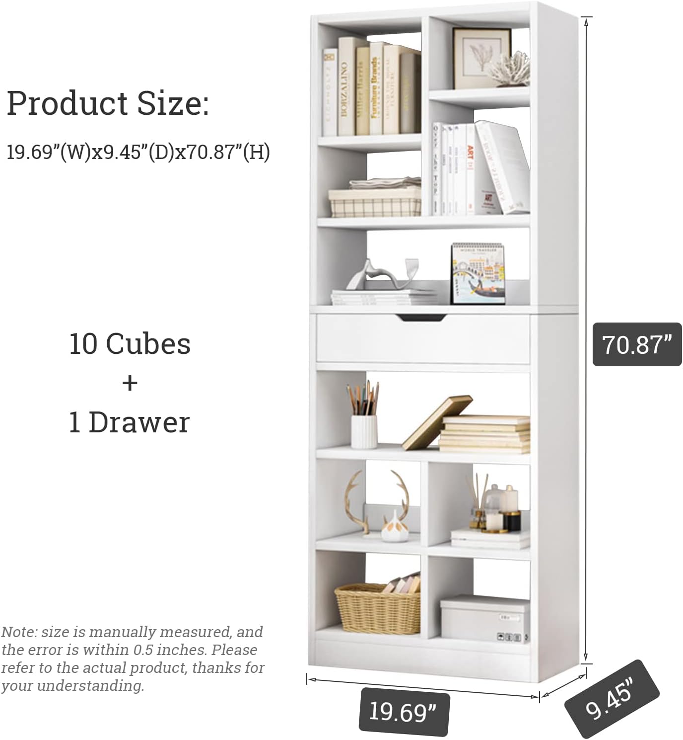 IOTXY Wooden Open Shelf Bookcase - 71 Inches Tall Freestanding Display Storage Cabinet Organizer with 10 Cubes and a Drawer, Floor Standing Bookshelf in Warm White