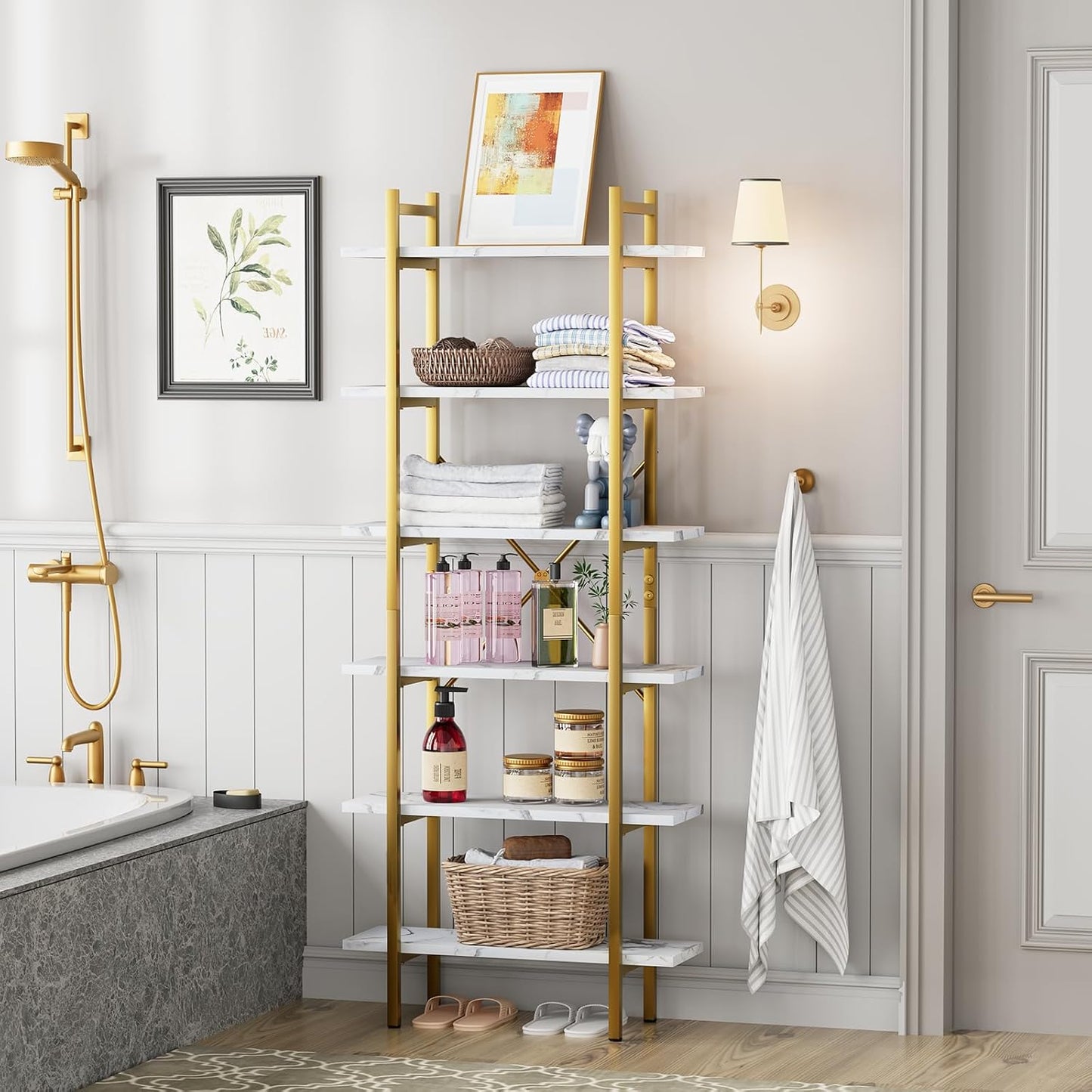 6 Tiers Bookshelf Organizer White Faux Marble Shelf,Modern Open Display Storage Bookcase, and Metal Bookshelf Standing Storage Shelf Tall Shelving Units for Home Office Study