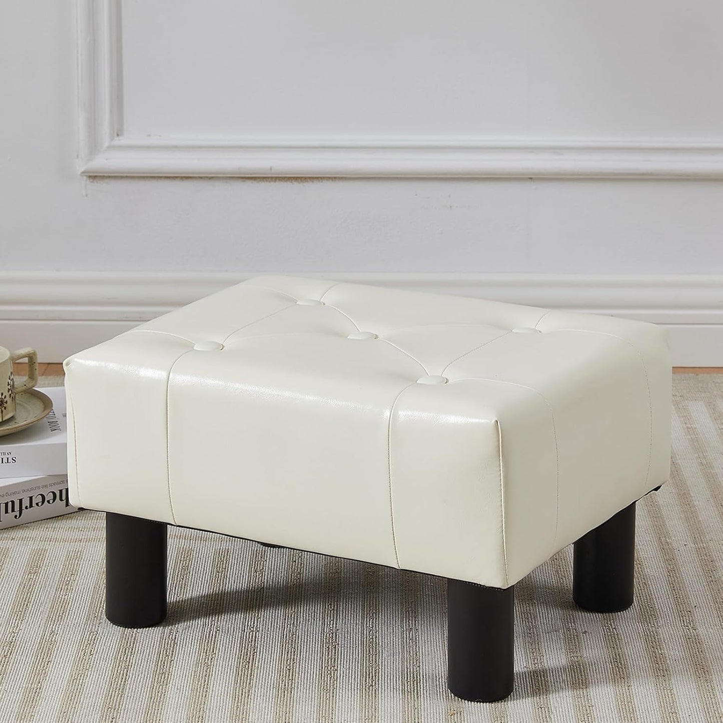 Small Foot Stool Ottoman, Faux Leather Footstool Ottoman Foot Rest for Couch, Rectangle Footstools and Ottomans Small for Living Room, Entryway and Bedroom (Brown)