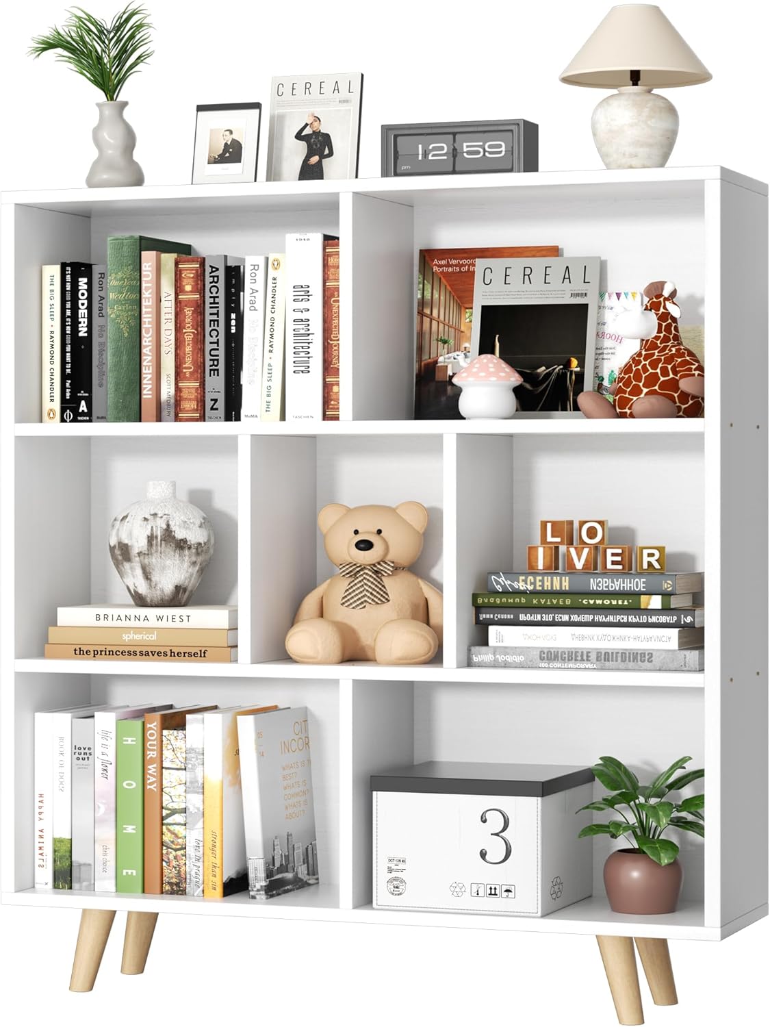 Shintenchi Cube Storage Organizer, 3 Tier Mid-Century Bookcase with Legs Cubeicals Retro Wood Organizer Storage Bookcase, Freestanding Open Book Shelves for Bedroom,Living Room,Office(Brown)