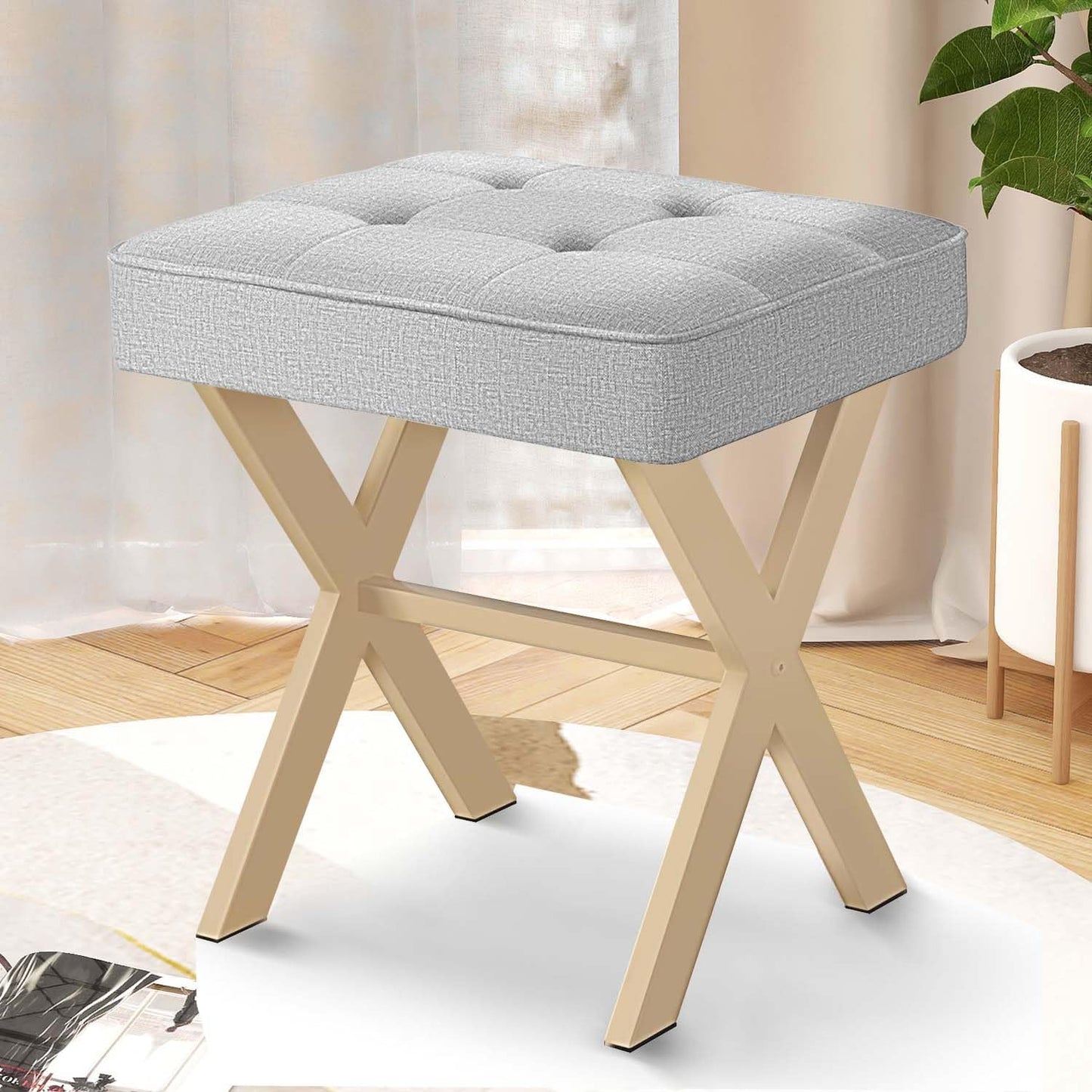 Ottoman Foot Stool, Upholstered Cushion Vanity Stool with White Metal X-Leg,Small Make up Stool for Vanity,18 Inch Linen Fabric Foot Stool, Square Makeup Stool for Bedroom, Light Grey
