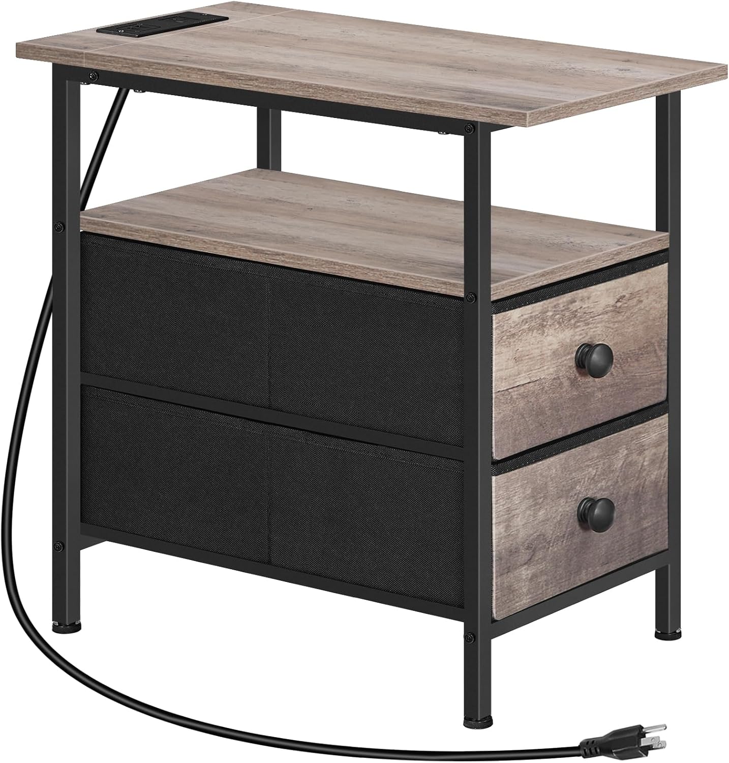 HOOBRO End Table with Charging Station, Narrow Side Table, Nightstand with 2 Non-Woven Drawers, Slim Sofa Side Table, for Small Spaces, Living Room, Bedroom, Rustic Brown and Black BF486UBZ01
