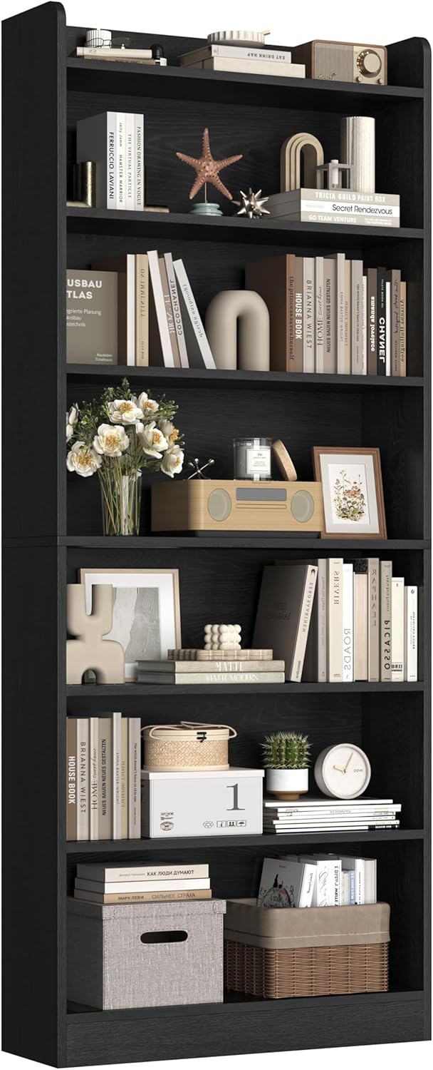 Yaheetech 6-Tier Open Bookcase and Bookshelf, Modern Simple Floor Standing Display Storage Shelves with Top Open Compartment for Home Office, Living Room, Bed Room - Black