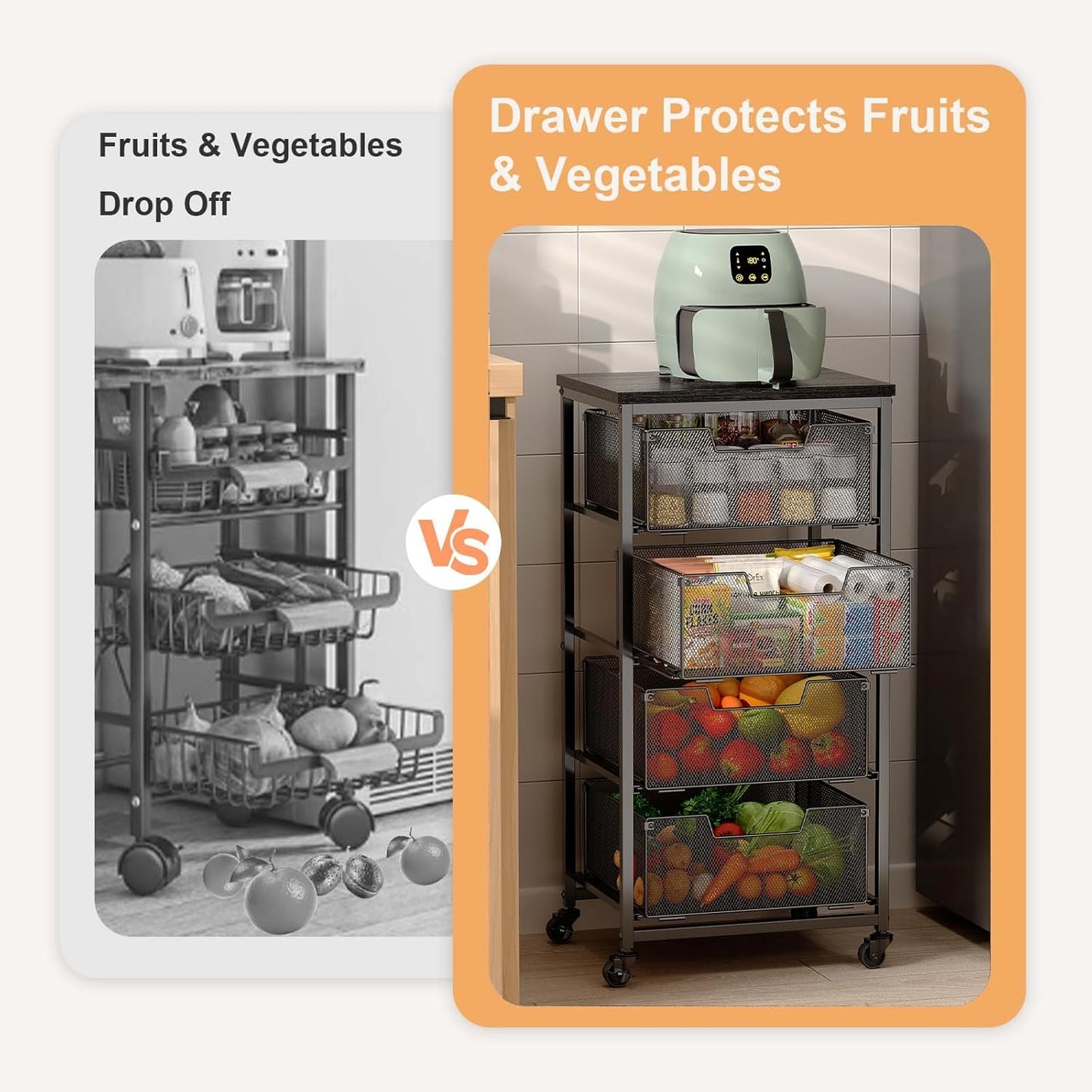 4-Tier Fruit Vegetable Storage Cart - Kitchen Organizer and Storage Cart with Wheels, Wooden Top Metal Wire Fruit Vegetable Rack Stand with Drawers to Storage Cans Snacks for Kitchen(Patent Pending)