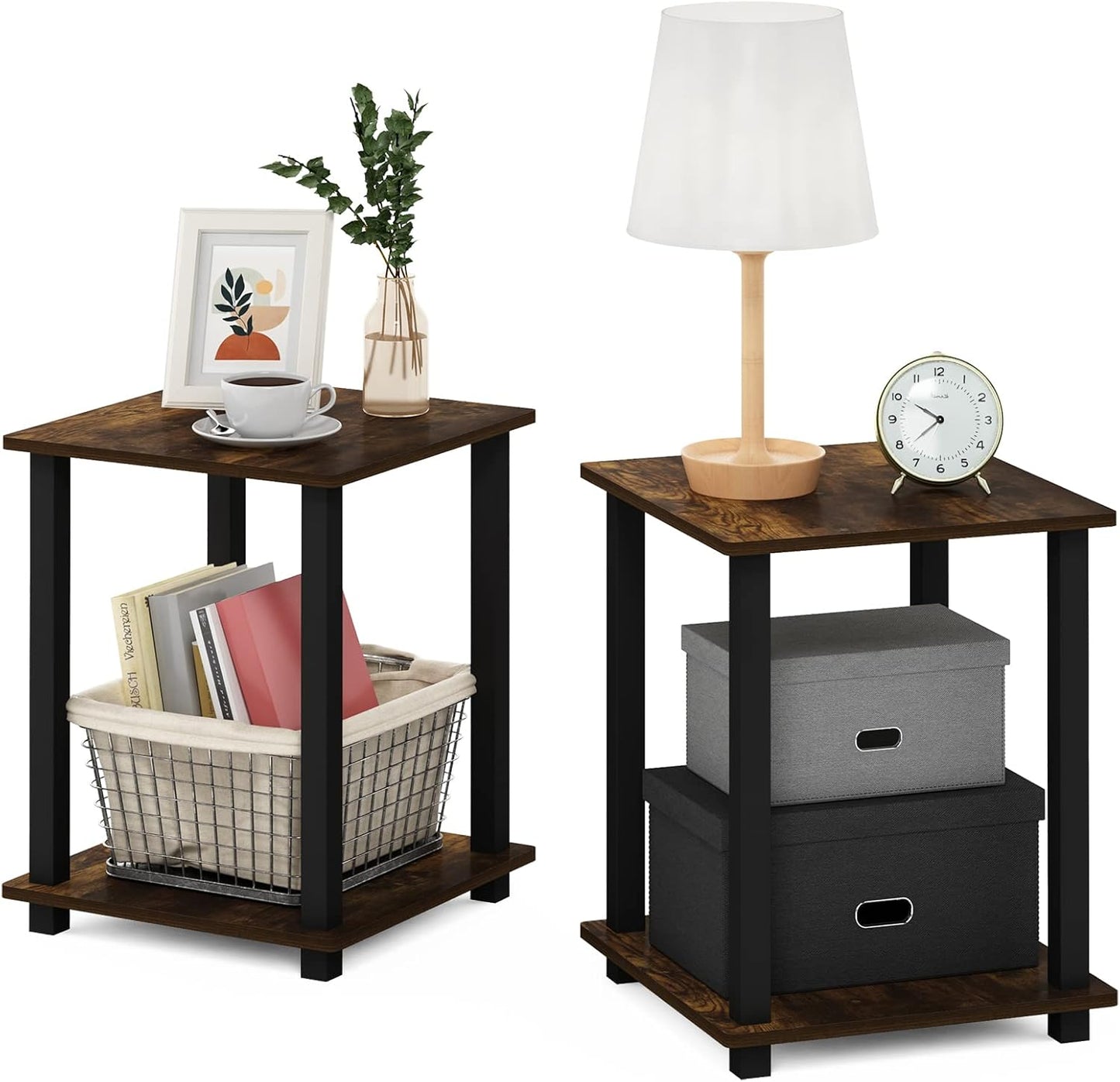 Furinno SIMPLISTIC Side Table Set of 2, 2-Tier End Table, Nightstand, Night Stand, Bedside Table, Easy Assembly, for Living Room, Bedroom, Espresso