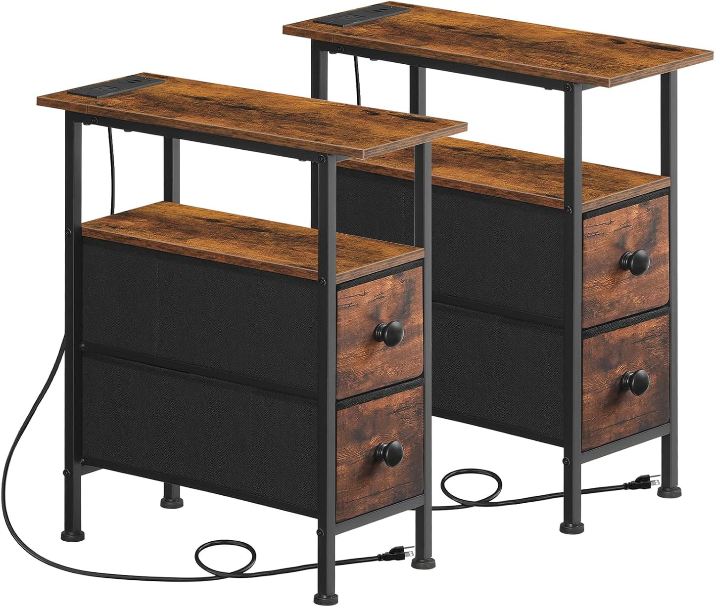 HOOBRO End Table with Charging Station, Narrow Side Table, Nightstand with 2 Non-Woven Drawers, Slim Sofa Side Table, for Small Spaces, Living Room, Bedroom, Rustic Brown and Black BF486UBZ01
