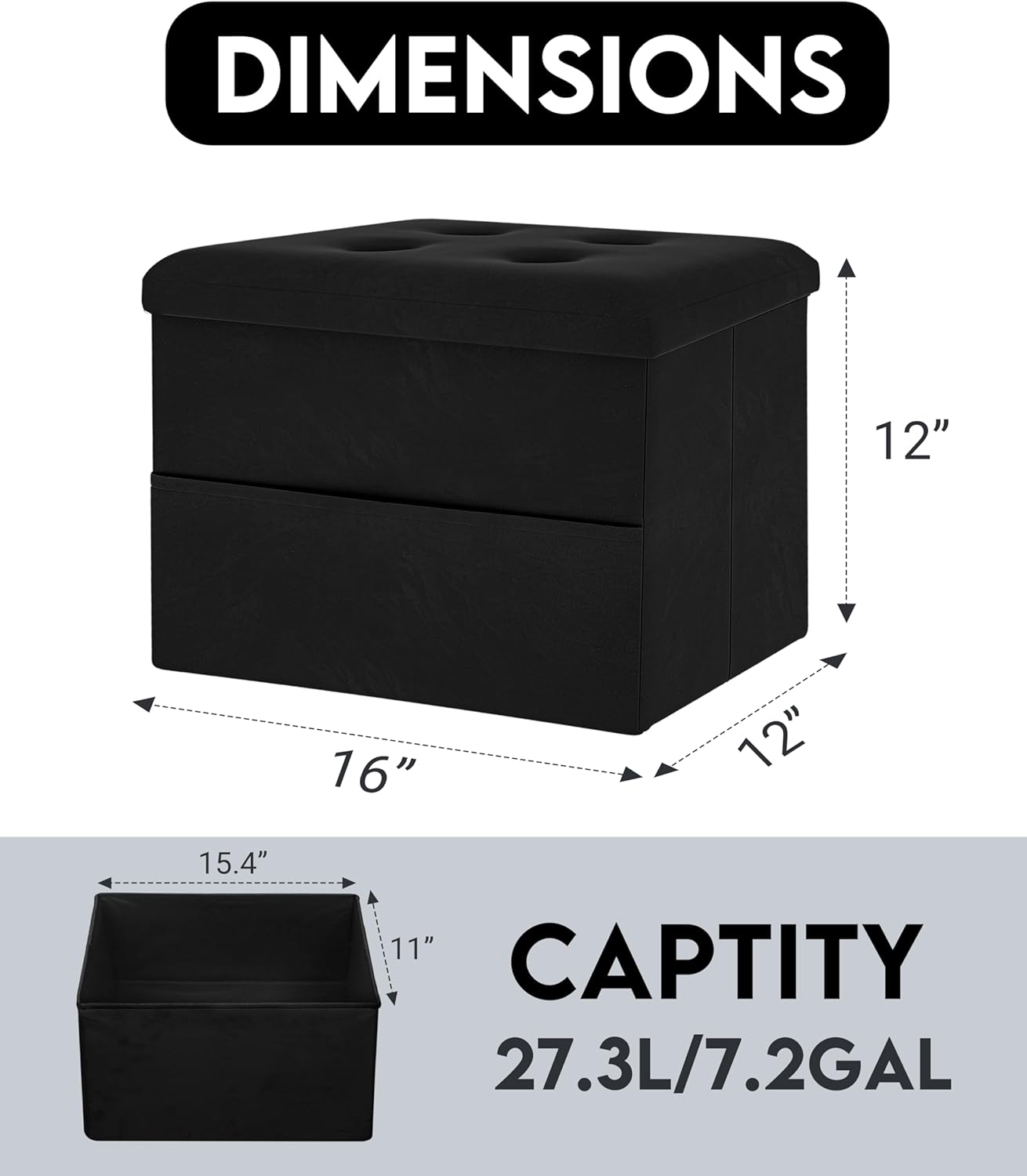 Small Storage Ottoman Foot Rest, Velvet Ottoman with Storage and Side Pocket, Black Foot Rest for Couch, Foldable Footstool for Chair, Living Room&Dorm, 16"x12"x12"