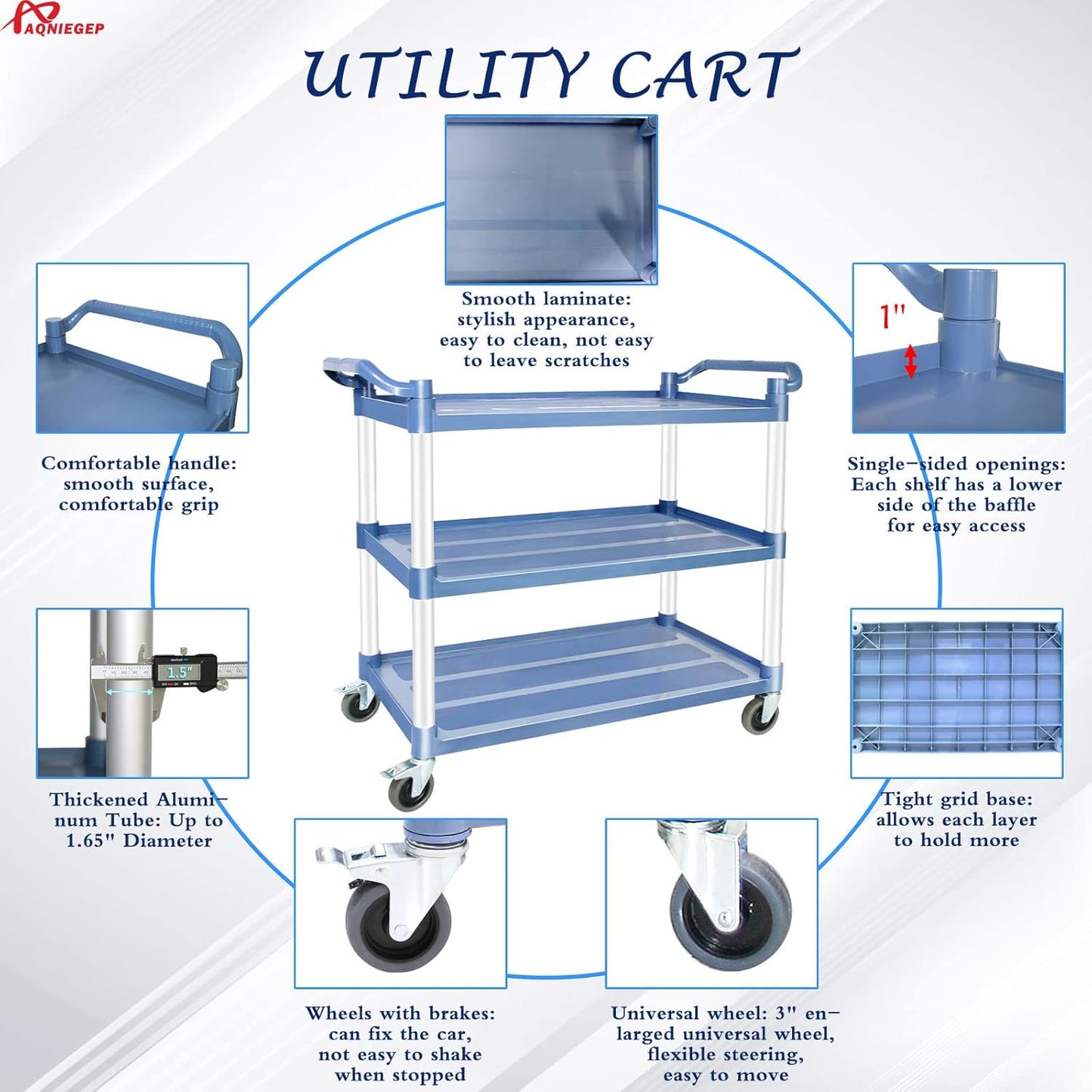 AQNIEGEP Utility Cart with Wheels, 510lbs Heavy-Duty Food Kitchen Cart & Rolling Service Cart for Restaurant Commercial Office, Lockable Wheels & Tool-Free Assembly, 3-Tier, Grey