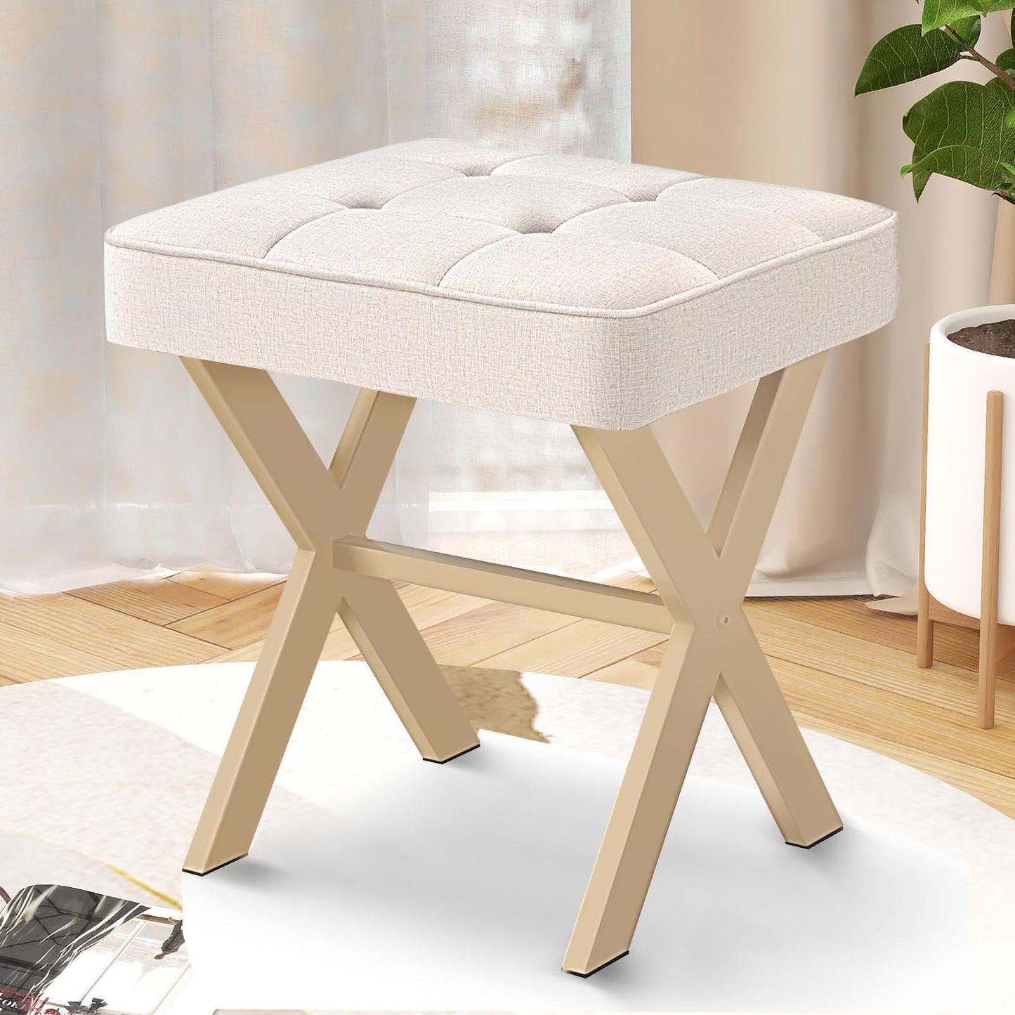 Ottoman Foot Stool, Upholstered Cushion Vanity Stool with White Metal X-Leg,Small Make up Stool for Vanity,18 Inch Linen Fabric Foot Stool, Square Makeup Stool for Bedroom, Light Grey