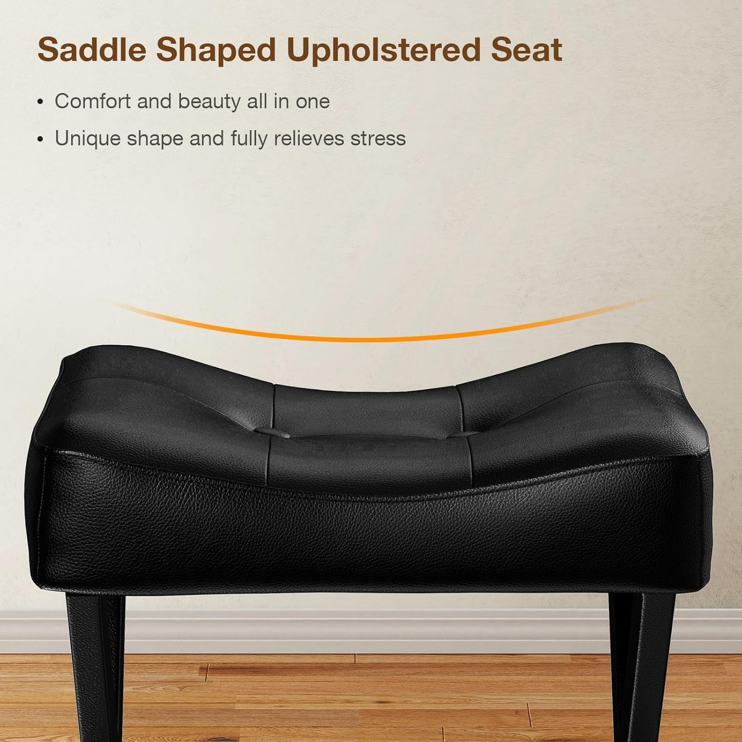 18-Inch Leather Vanity Stool Chair, Vanity Bench with Metal X-Leg, Ottoman Foot Stool with Thick Padded Saddle Seat, Black