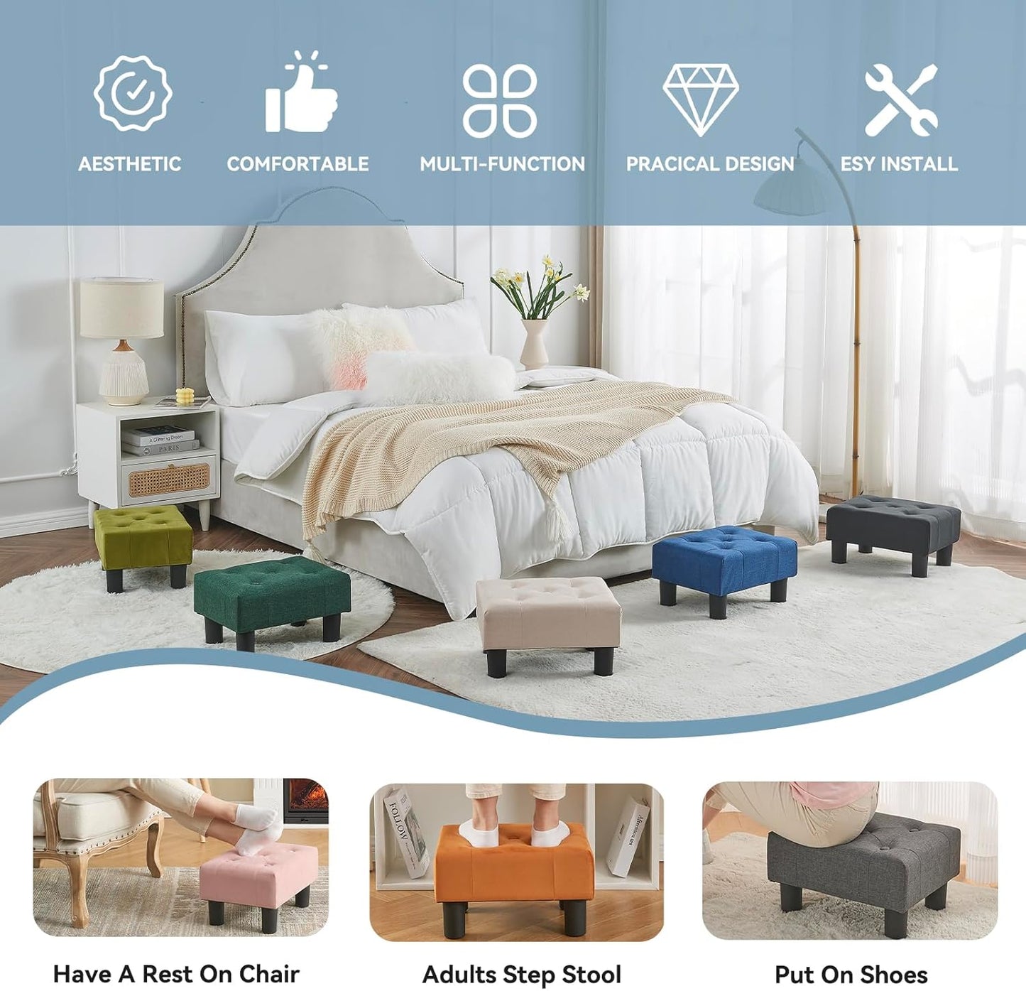 Poofzy Small Foot Stool Ottoman, Velvet Ottoman Foot Rest with Legs, Rectangle Foot Rest for Couch, Footstools and Ottomans Small for Living Room and Entryway (Black)