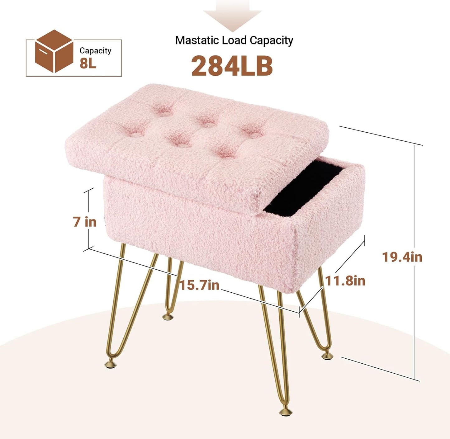 Seventable Vanity Stool Chair with Storage, Teddy Velvet Soft Ottoman, 4 Metal Legs with Anti-Slip Feet, Furry Padded Seat, Multifunctional Stool for Makeup, Footstool, Bedroom, Pink