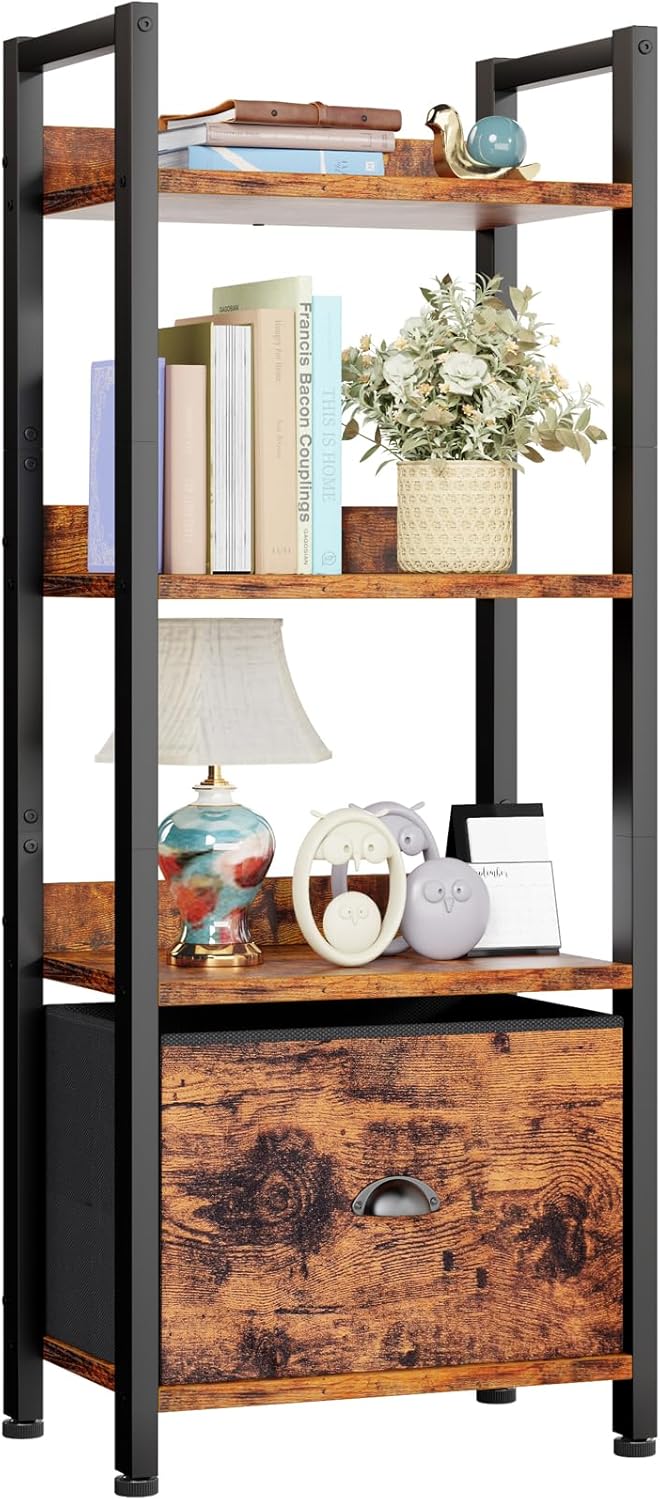 Furologee 5 Tier Bookshelf with Drawer, Kitchen Bakers Rack with Storage, Tall Narrow Bookcase, Industrial Free Standing Display Shelf, Wood and Metal Book Shelf for Bedroom, Living Room, Black