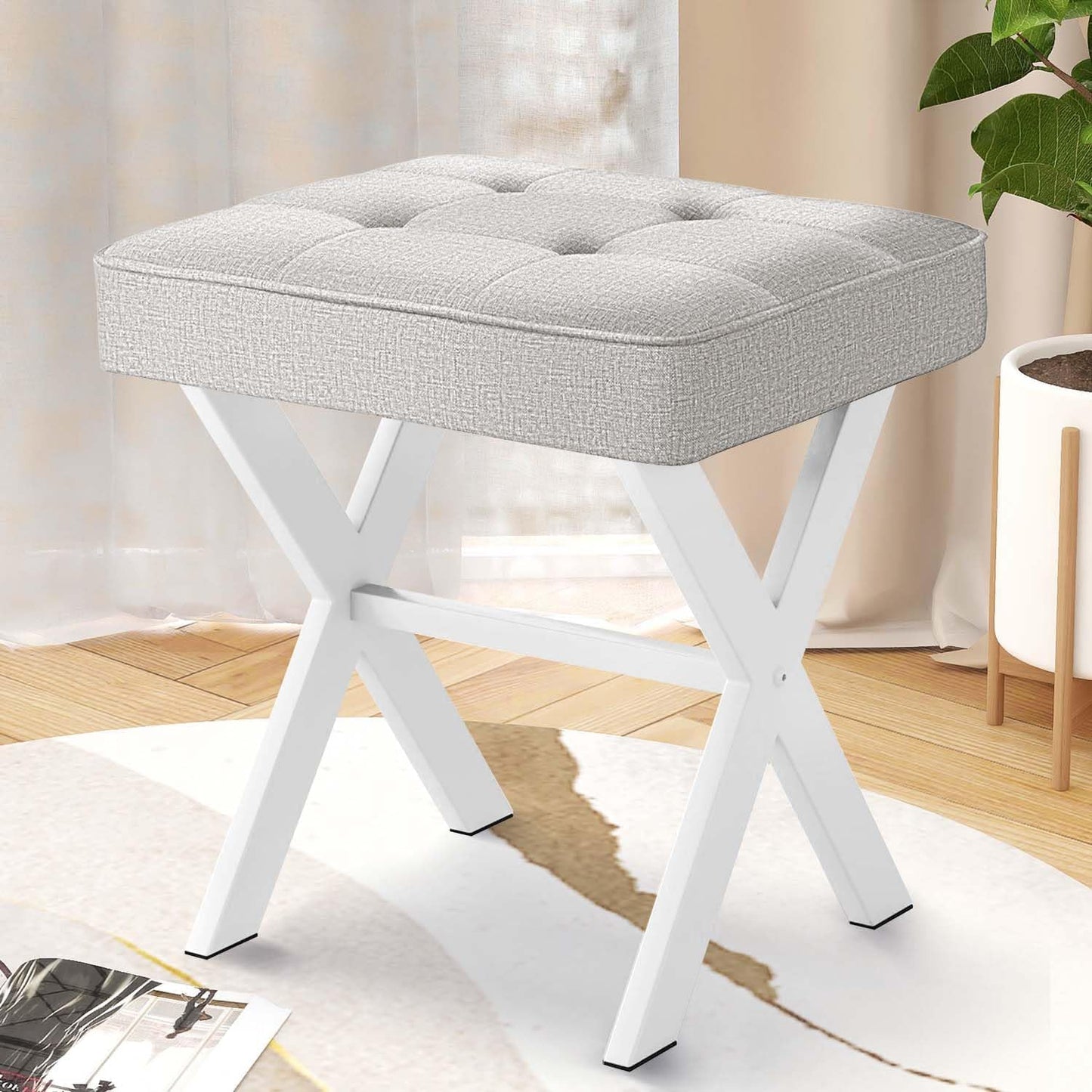 Ottoman Foot Stool, Upholstered Cushion Vanity Stool with White Metal X-Leg,Small Make up Stool for Vanity,18 Inch Linen Fabric Foot Stool, Square Makeup Stool for Bedroom, Light Grey