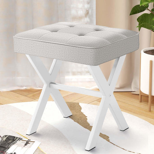 Ottoman Foot Stool, Upholstered Cushion Vanity Stool with White Metal X-Leg,Small Make up Stool for Vanity,18 Inch Linen Fabric Foot Stool, Square Makeup Stool for Bedroom, Light Grey
