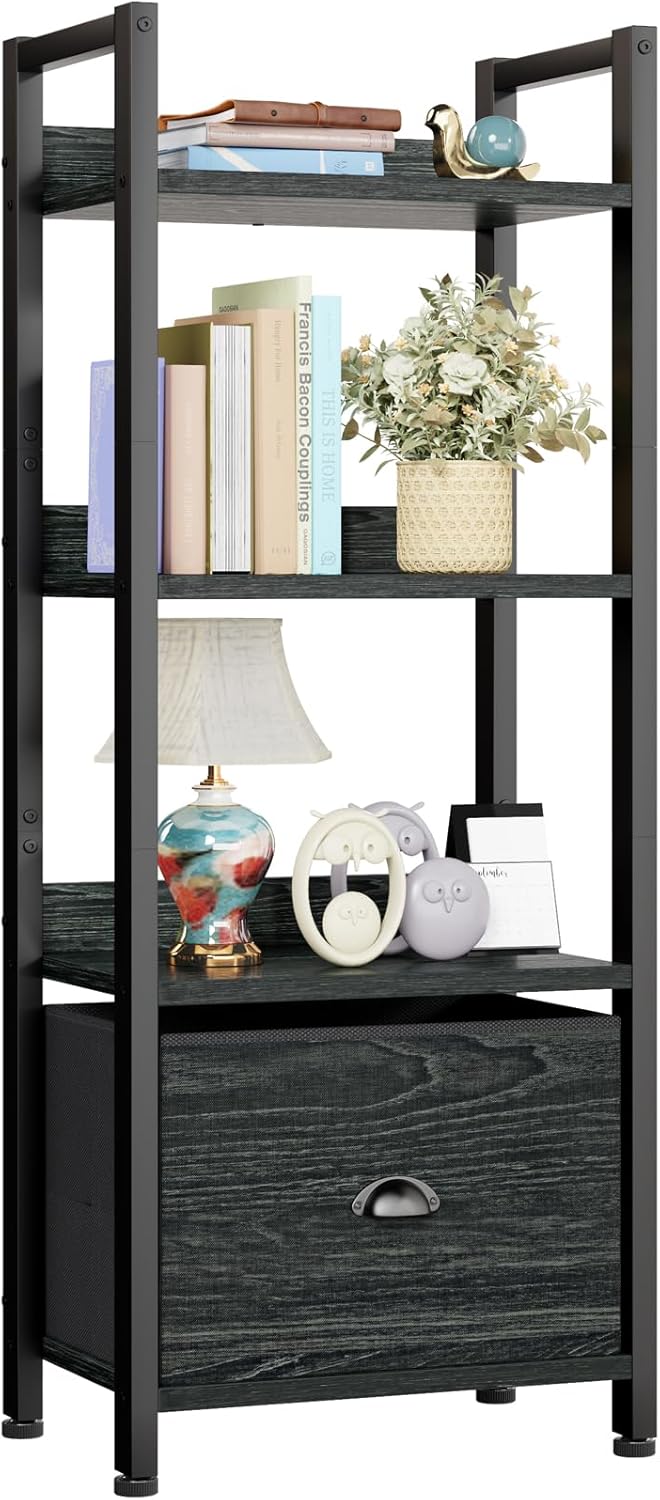 Furologee 5 Tier Bookshelf with Drawer, Kitchen Bakers Rack with Storage, Tall Narrow Bookcase, Industrial Free Standing Display Shelf, Wood and Metal Book Shelf for Bedroom, Living Room, Black