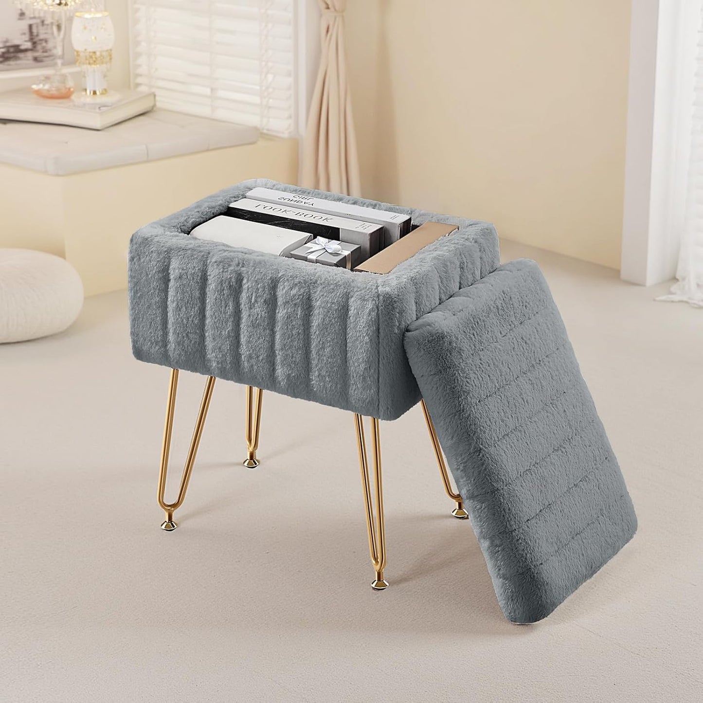 DUMOS Vanity Stool Chair, Ottoman with Storage, Makeup Cute Soft Small Footstool, Modern Style Faux Fur Seat with 4 Metal Legs & Adjustable Feet for Dressing, Living Room, Bedroom, Dorm, Grey