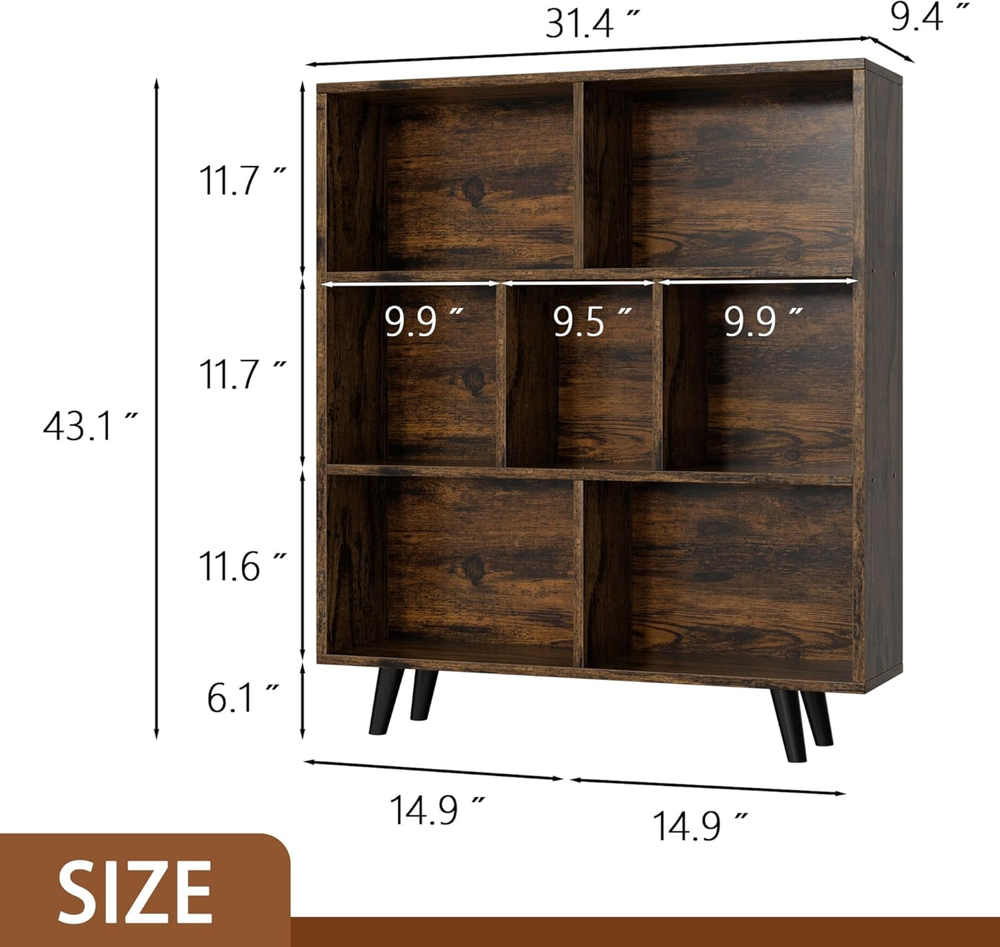 Shintenchi Cube Storage Organizer, 3 Tier Mid-Century Bookcase with Legs Cubeicals Retro Wood Organizer Storage Bookcase, Freestanding Open Book Shelves for Bedroom,Living Room,Office(Brown)