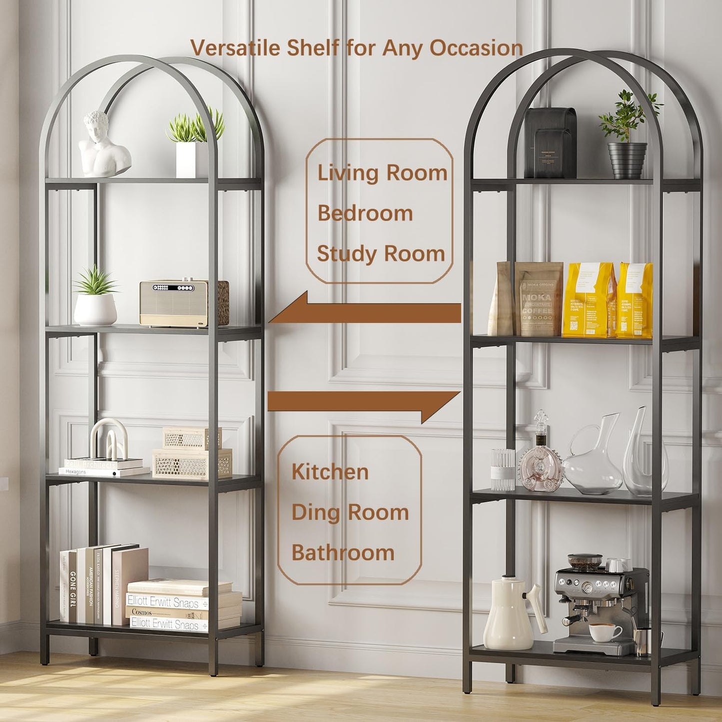 Bookshelf Arched Bookcase, Industrial Curved Metal Book Shelves, 72" Tall Freestanding Open Storage Shelf Display Rack for Living Room Home Office, Black, 4-Tier