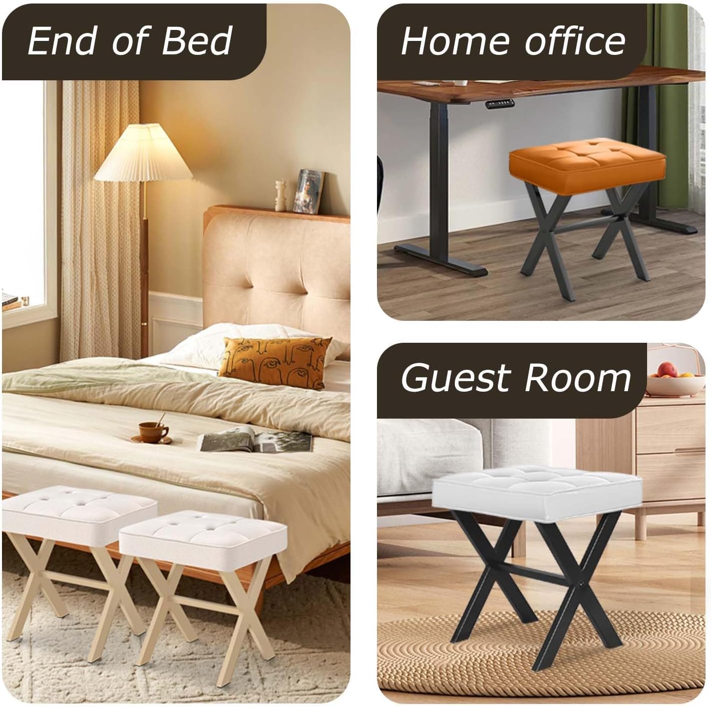 Ottoman Foot Stool, Upholstered Cushion Vanity Stool with White Metal X-Leg,Small Make up Stool for Vanity,18 Inch Linen Fabric Foot Stool, Square Makeup Stool for Bedroom, Light Grey