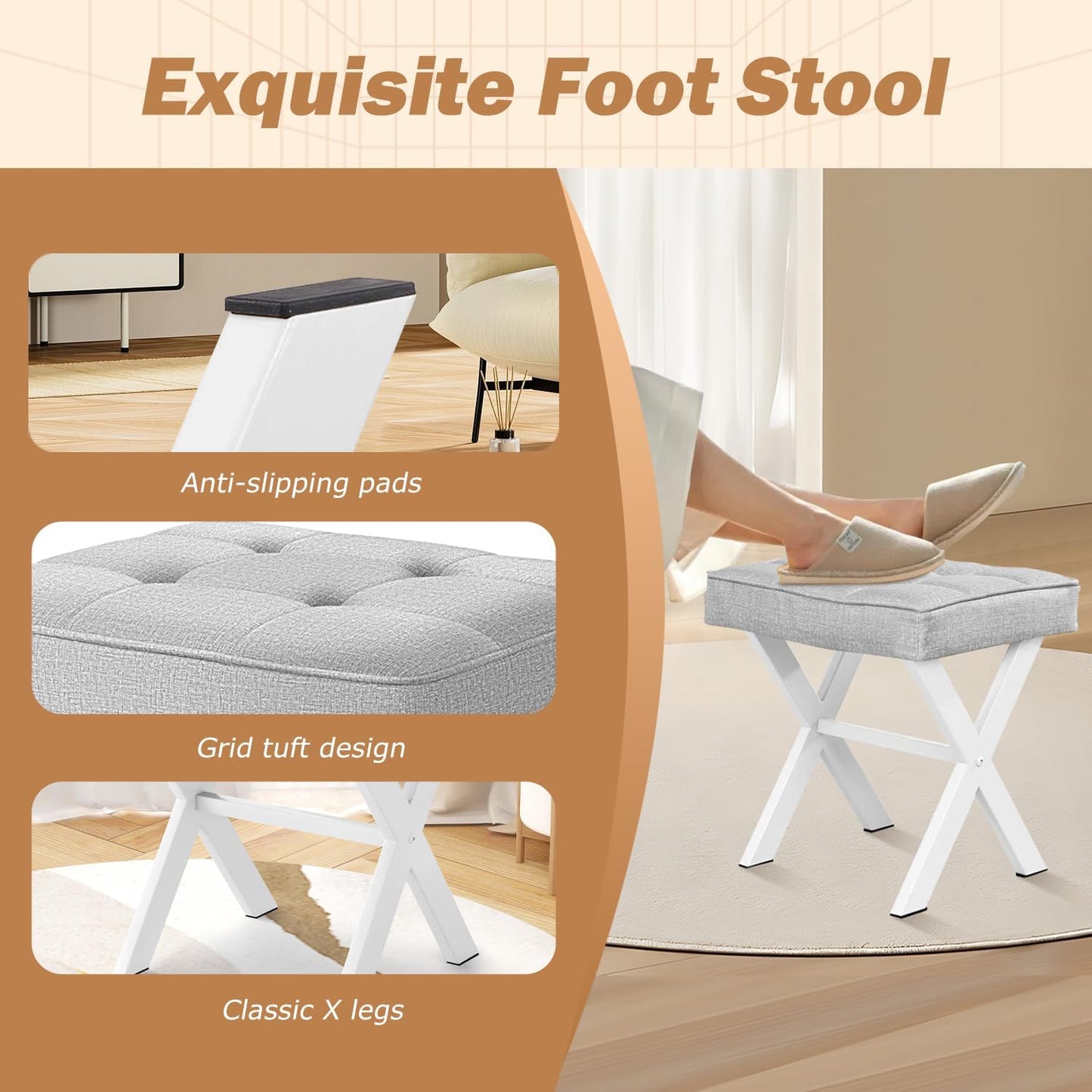 Ottoman Foot Stool, Upholstered Cushion Vanity Stool with White Metal X-Leg,Small Make up Stool for Vanity,18 Inch Linen Fabric Foot Stool, Square Makeup Stool for Bedroom, Light Grey
