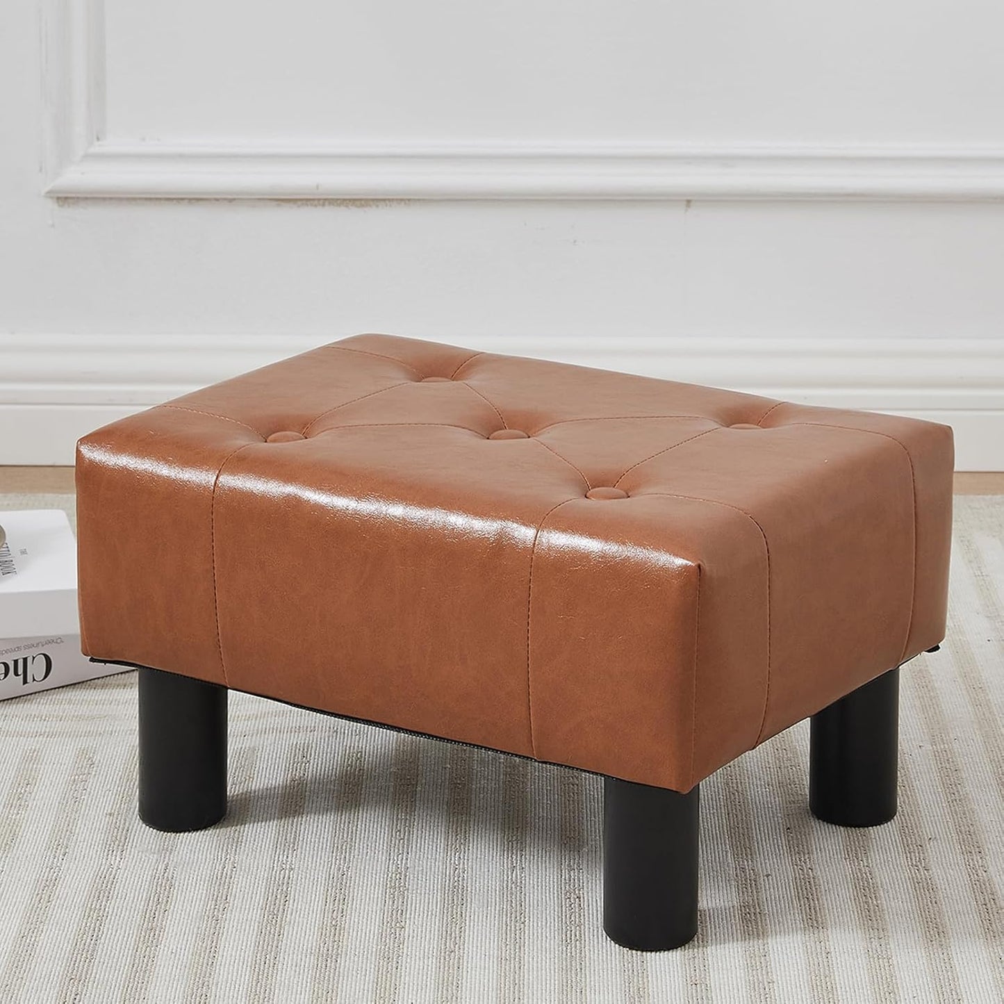 Small Foot Stool Ottoman, Faux Leather Footstool Ottoman Foot Rest for Couch, Rectangle Footstools and Ottomans Small for Living Room, Entryway and Bedroom (Brown)