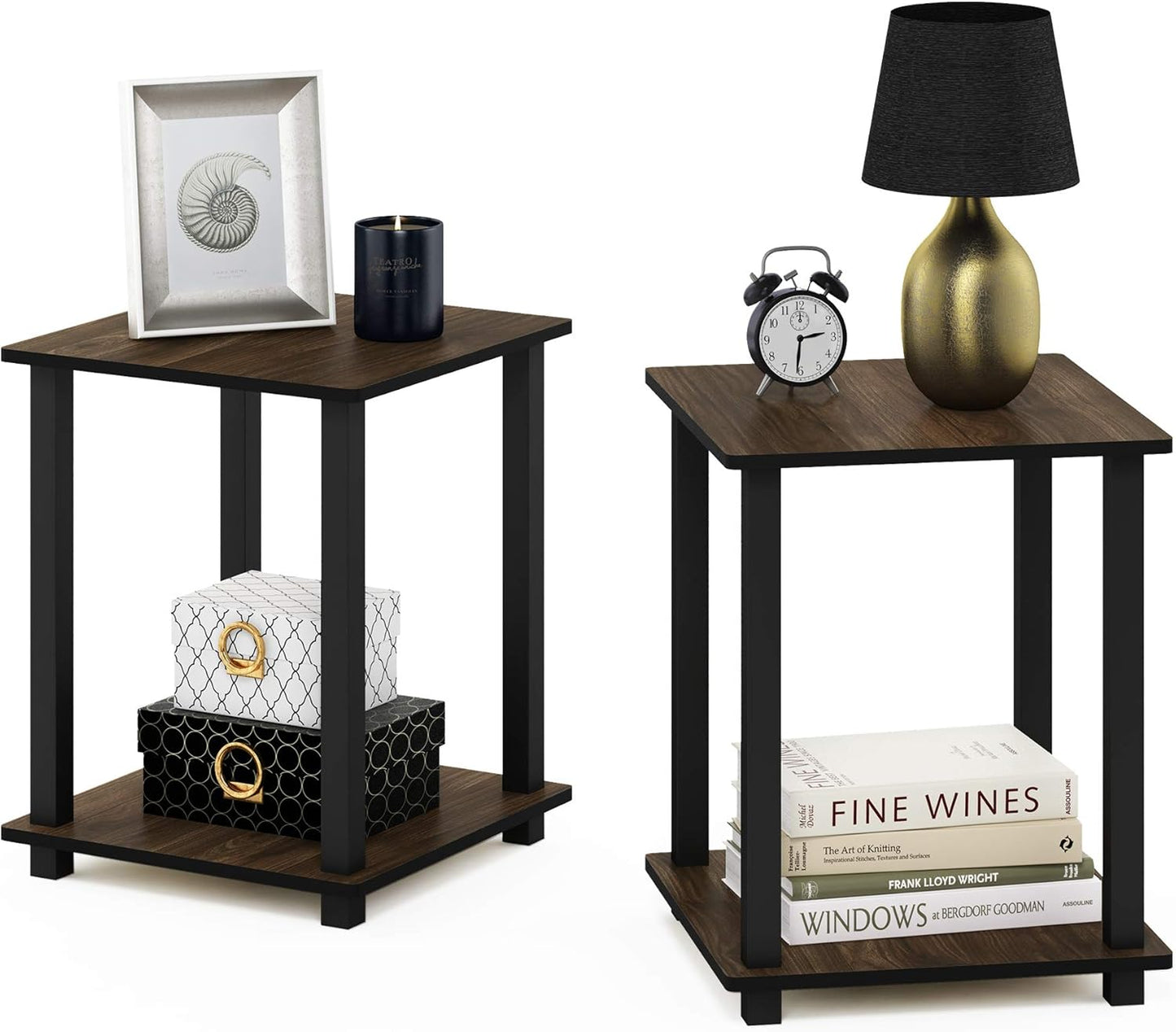 Furinno SIMPLISTIC Side Table Set of 2, 2-Tier End Table, Nightstand, Night Stand, Bedside Table, Easy Assembly, for Living Room, Bedroom, Espresso