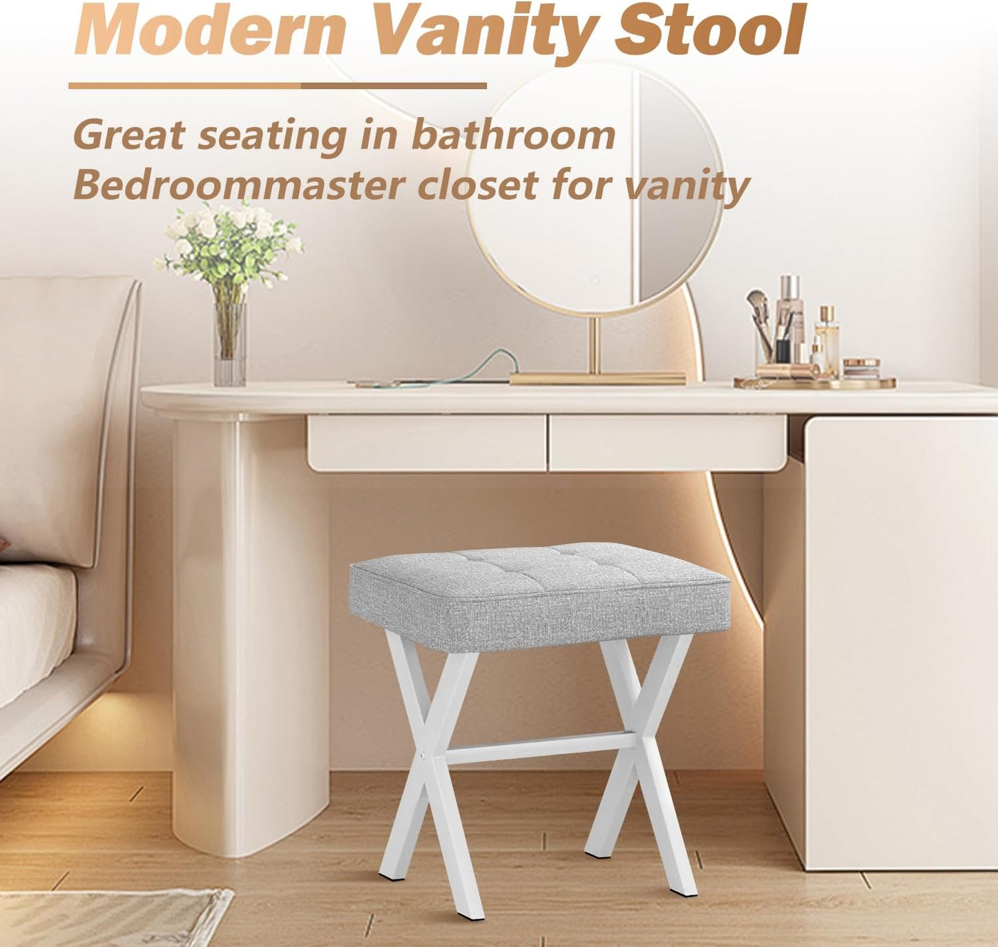 Ottoman Foot Stool, Upholstered Cushion Vanity Stool with White Metal X-Leg,Small Make up Stool for Vanity,18 Inch Linen Fabric Foot Stool, Square Makeup Stool for Bedroom, Light Grey
