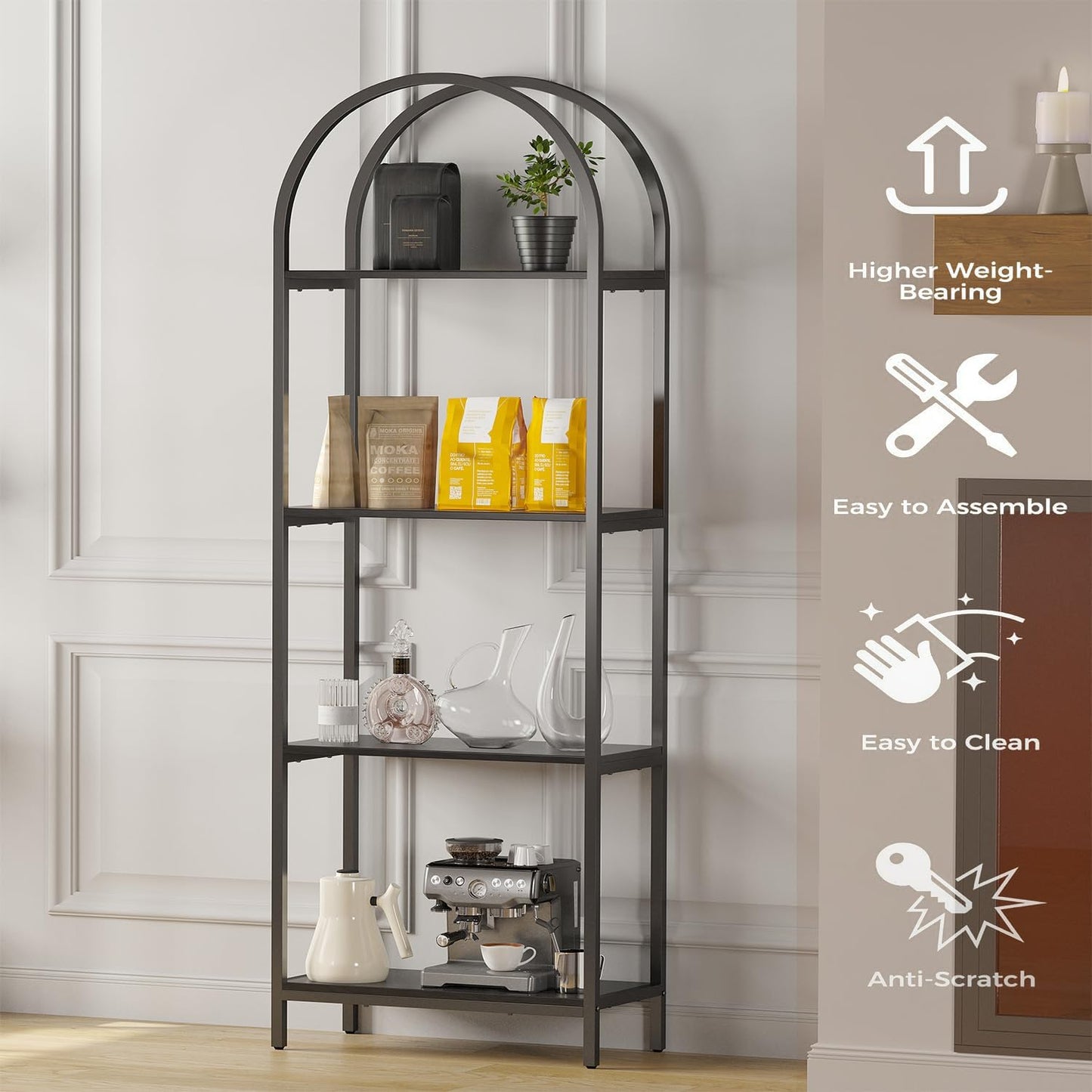 Bookshelf Arched Bookcase, Industrial Curved Metal Book Shelves, 72" Tall Freestanding Open Storage Shelf Display Rack for Living Room Home Office, Black, 4-Tier