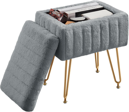 DUMOS Vanity Stool Chair, Ottoman with Storage, Makeup Cute Soft Small Footstool, Modern Style Faux Fur Seat with 4 Metal Legs & Adjustable Feet for Dressing, Living Room, Bedroom, Dorm, Grey