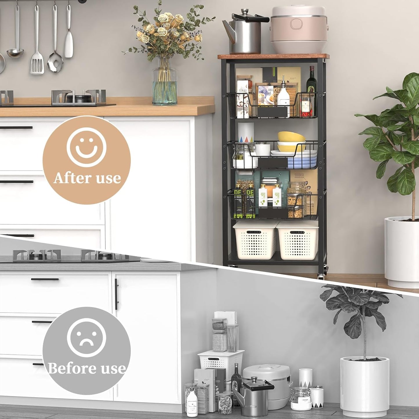 Kitchen Storage Cart, Kitchen Basket, 5-Tier Utility Organizer with Baskets and Wood Top, Rolling Snack Cart with Wheels, Metal Black