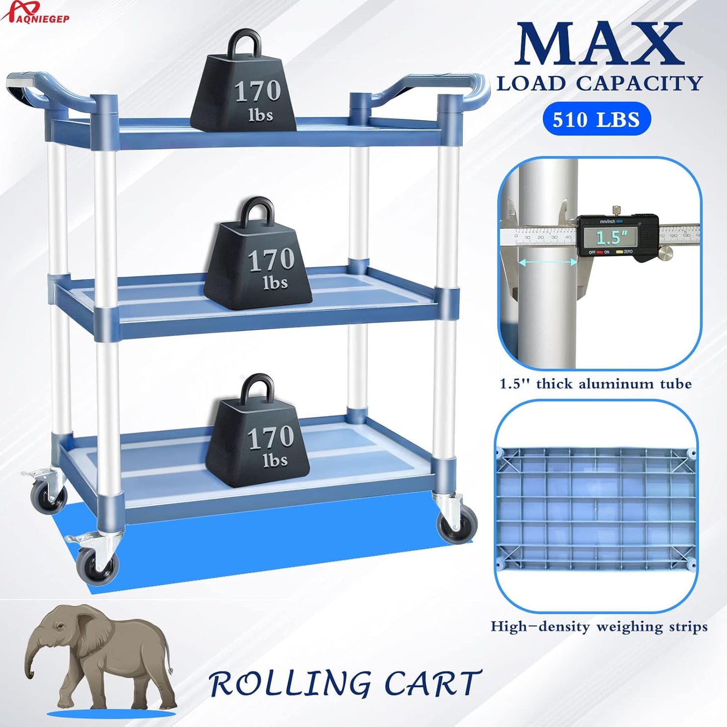 AQNIEGEP Utility Cart with Wheels, 510lbs Heavy-Duty Food Kitchen Cart & Rolling Service Cart for Restaurant Commercial Office, Lockable Wheels & Tool-Free Assembly, 3-Tier, Grey