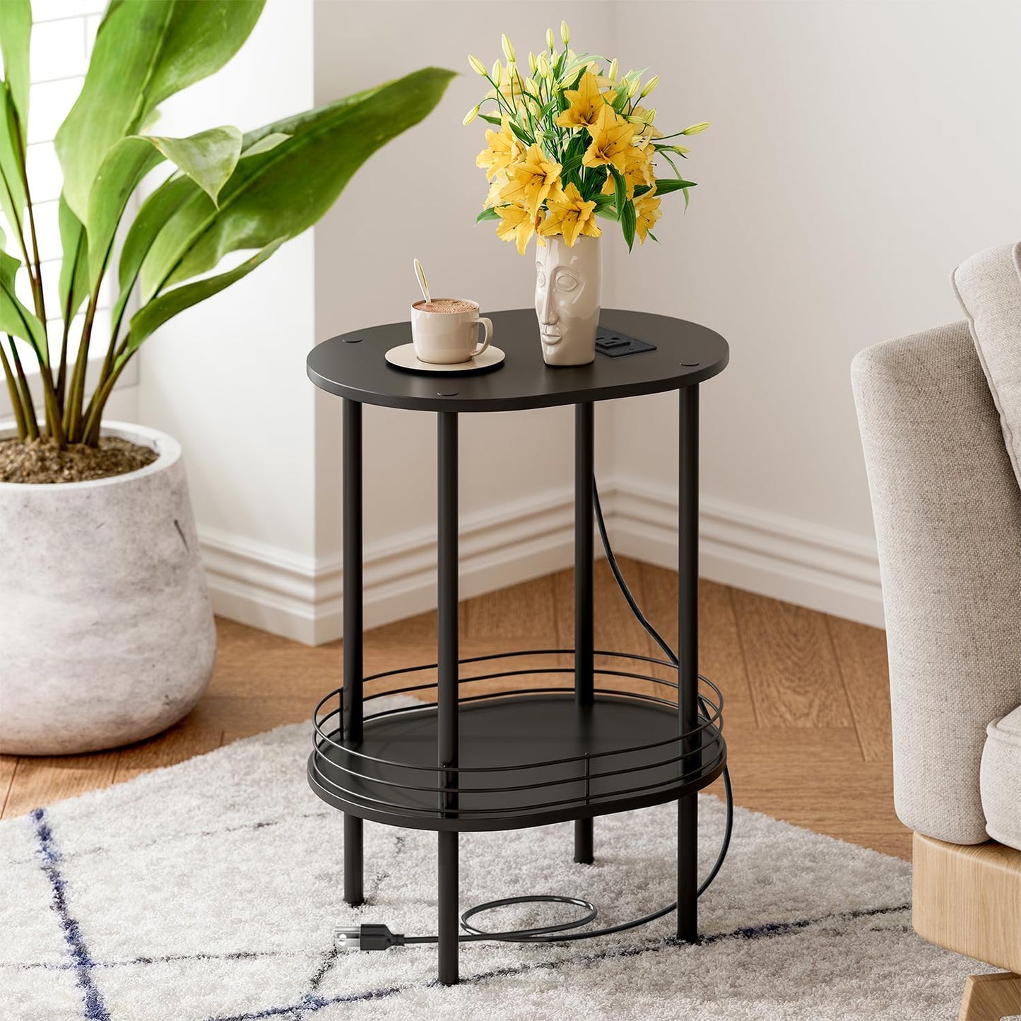 Small Round Side Table,Bedside Table with Storage, Morden Round Nightstand, Samll Side Table for Living Room，Bathroom，Bedroom, Nursery, Laundry, Black