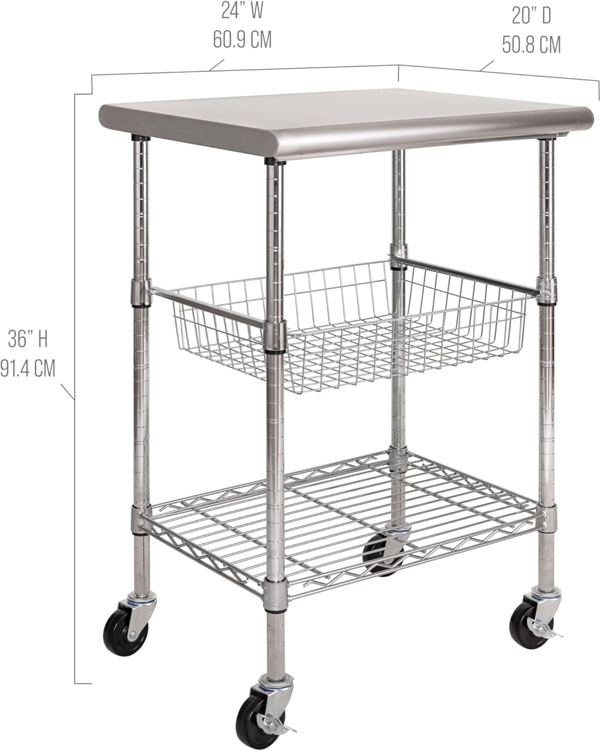 Seville Classics Commercial Work Table Island Utility Cart Prep Station, for Restaurant, Kitchen, Warehouse, Garage, Hotel, Home, Stainless-Steel Top NSF , 24" W x 20" D