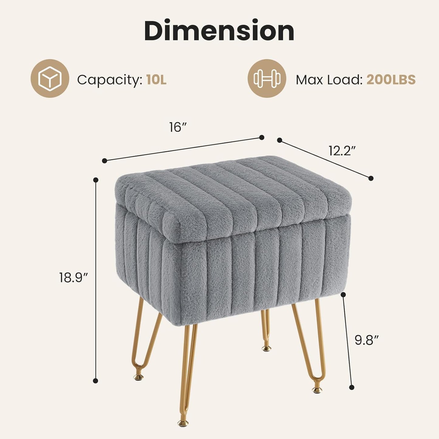 DUMOS Vanity Stool Chair, Ottoman with Storage, Makeup Cute Soft Small Footstool, Modern Style Faux Fur Seat with 4 Metal Legs & Adjustable Feet for Dressing, Living Room, Bedroom, Dorm, Grey