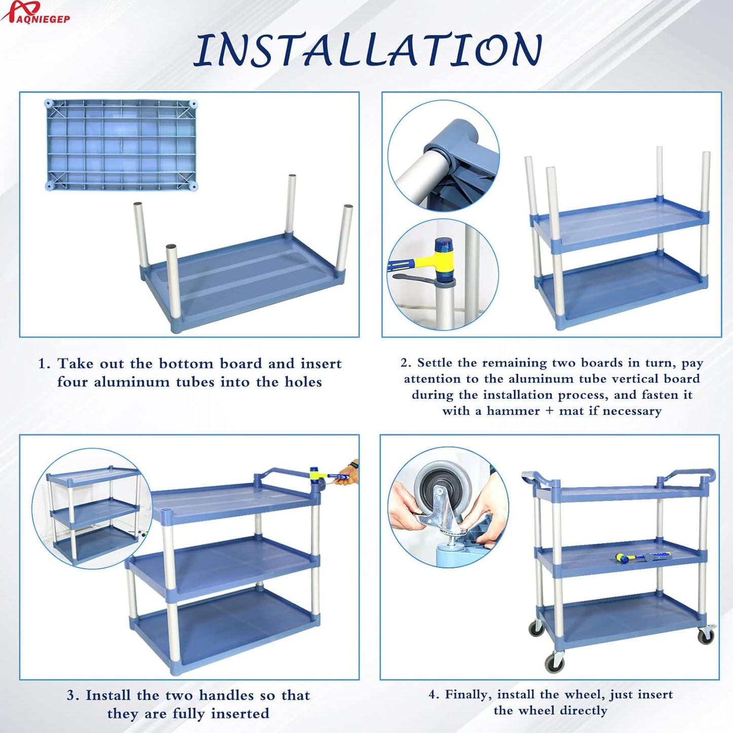 AQNIEGEP Utility Cart with Wheels, 510lbs Heavy-Duty Food Kitchen Cart & Rolling Service Cart for Restaurant Commercial Office, Lockable Wheels & Tool-Free Assembly, 3-Tier, Grey