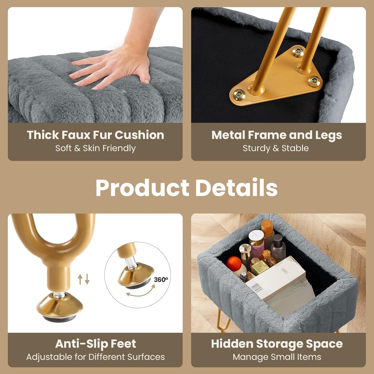 DUMOS Vanity Stool Chair, Ottoman with Storage, Makeup Cute Soft Small Footstool, Modern Style Faux Fur Seat with 4 Metal Legs & Adjustable Feet for Dressing, Living Room, Bedroom, Dorm, Grey