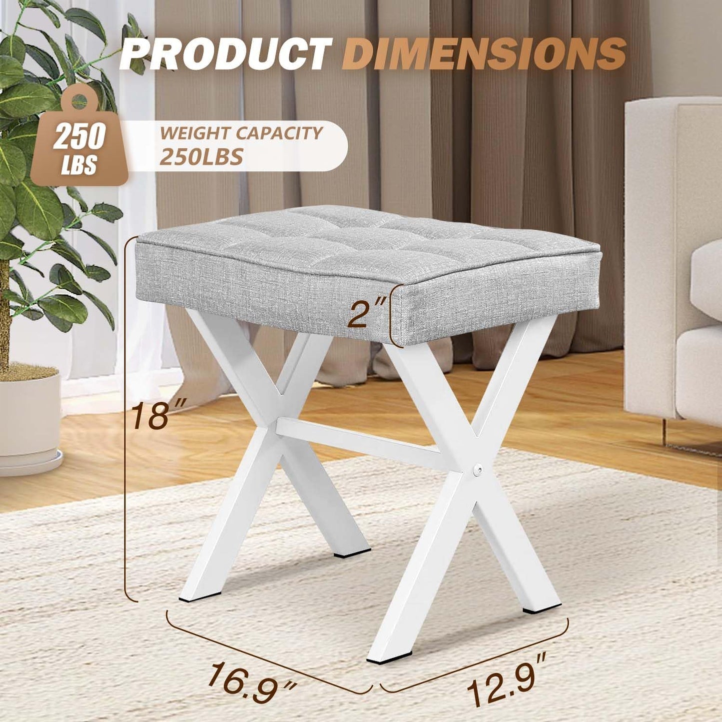 Ottoman Foot Stool, Upholstered Cushion Vanity Stool with White Metal X-Leg,Small Make up Stool for Vanity,18 Inch Linen Fabric Foot Stool, Square Makeup Stool for Bedroom, Light Grey