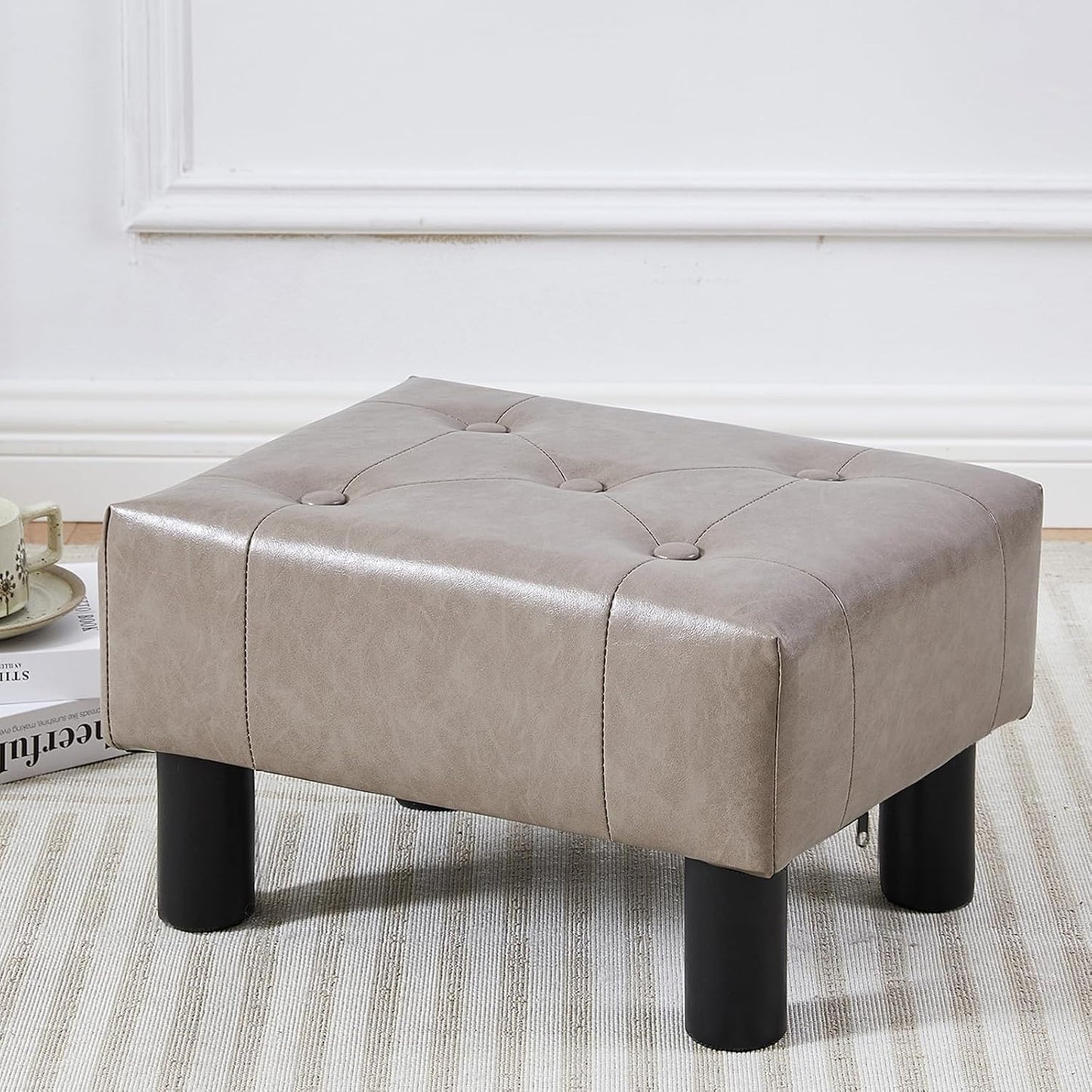 Small Foot Stool Ottoman, Faux Leather Footstool Ottoman Foot Rest for Couch, Rectangle Footstools and Ottomans Small for Living Room, Entryway and Bedroom (Brown)