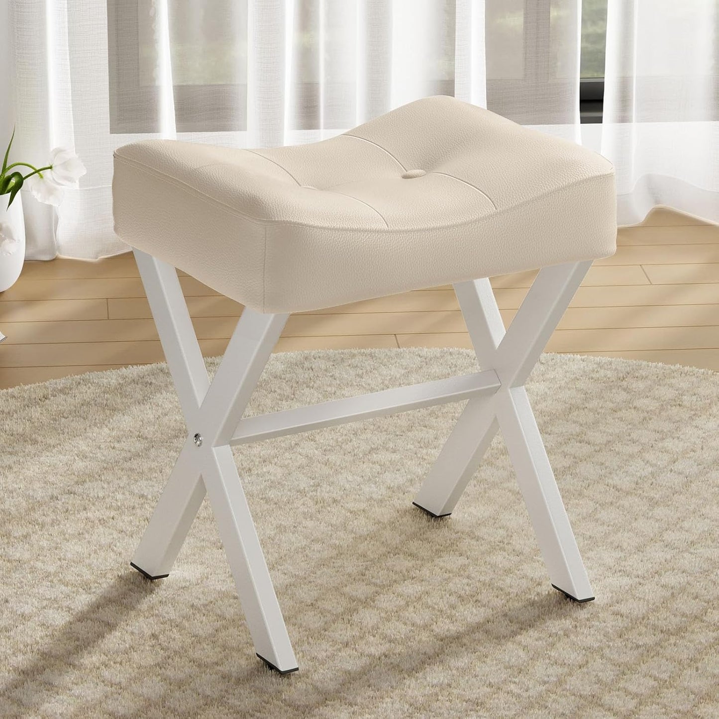 18-Inch Leather Vanity Stool Chair, Vanity Bench with Metal X-Leg, Ottoman Foot Stool with Thick Padded Saddle Seat, Black