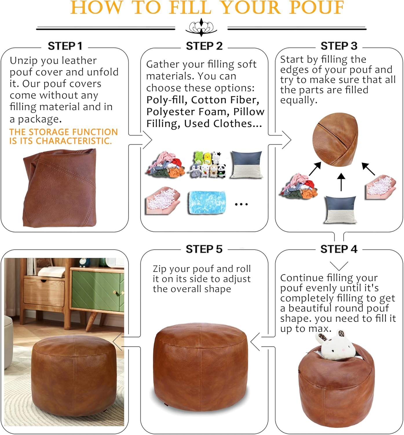 Thgonwid Unstuffed Faux Leather Pouf Cover, Handmade Footstool Ottoman Storage Solution, Floor Footrest Cushion, 16.5”Dx12”H, Amaretto