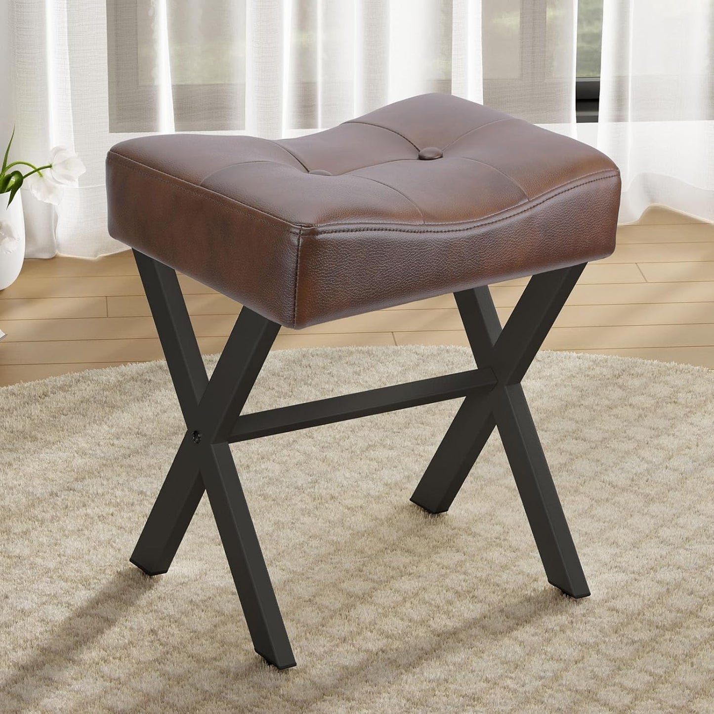 18-Inch Leather Vanity Stool Chair, Vanity Bench with Metal X-Leg, Ottoman Foot Stool with Thick Padded Saddle Seat, Black